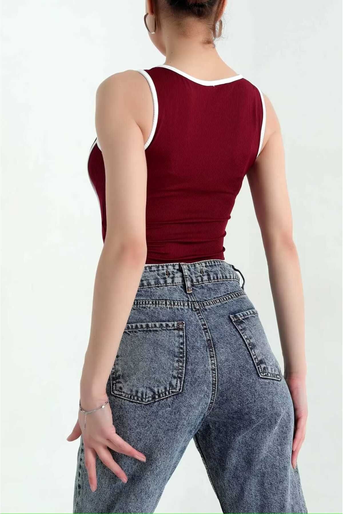 Önden Fermuarlı Biyeli Kalın Askılı Crop Bluz