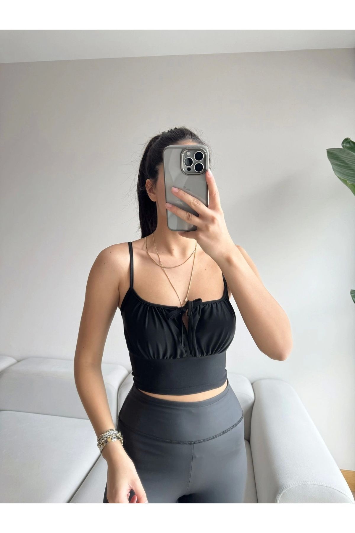 Askılı Göğüs Bağlamalı Crop - SİYAH