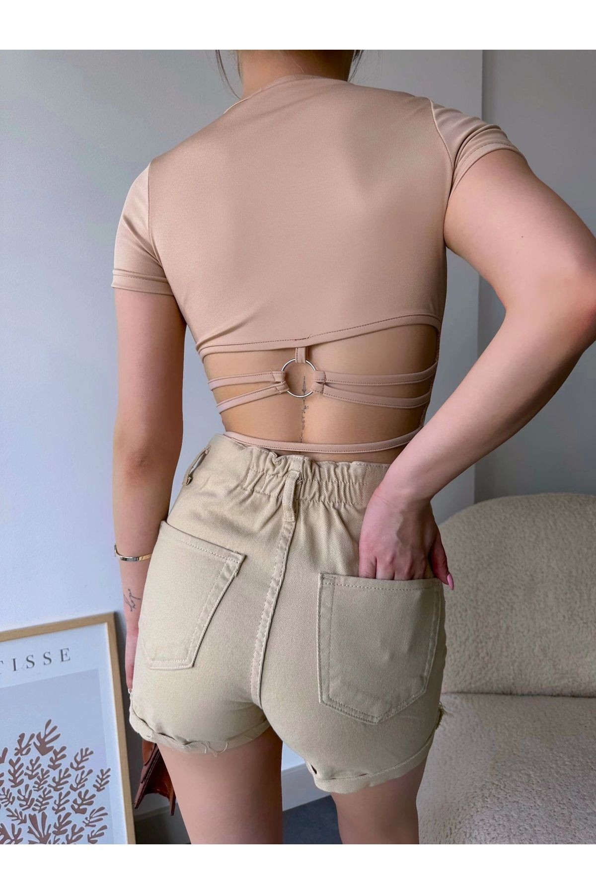 Sırt Detay Halka Crop-BEJ