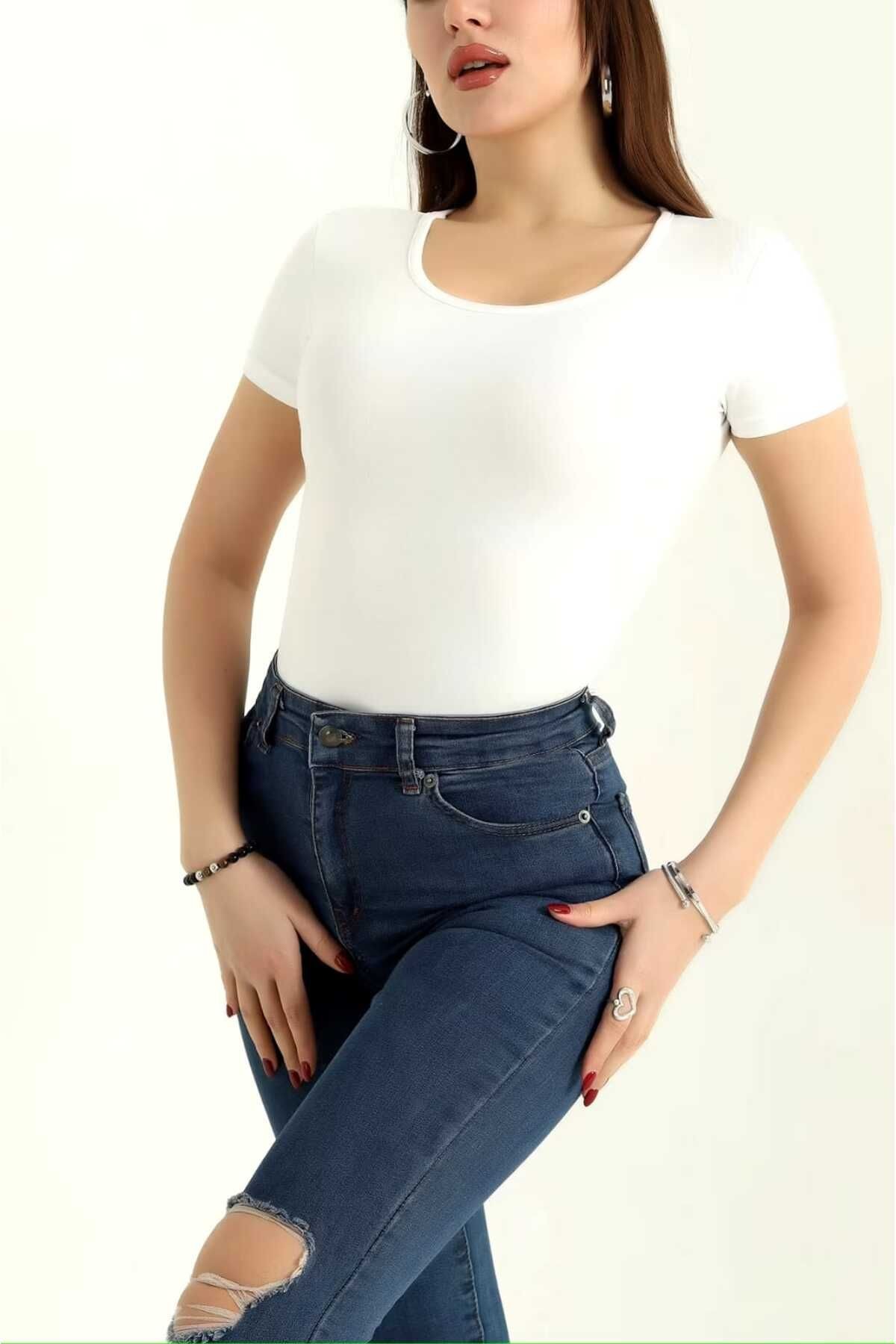 Bisiklet Yaka Kısa Kollu Bodysuit