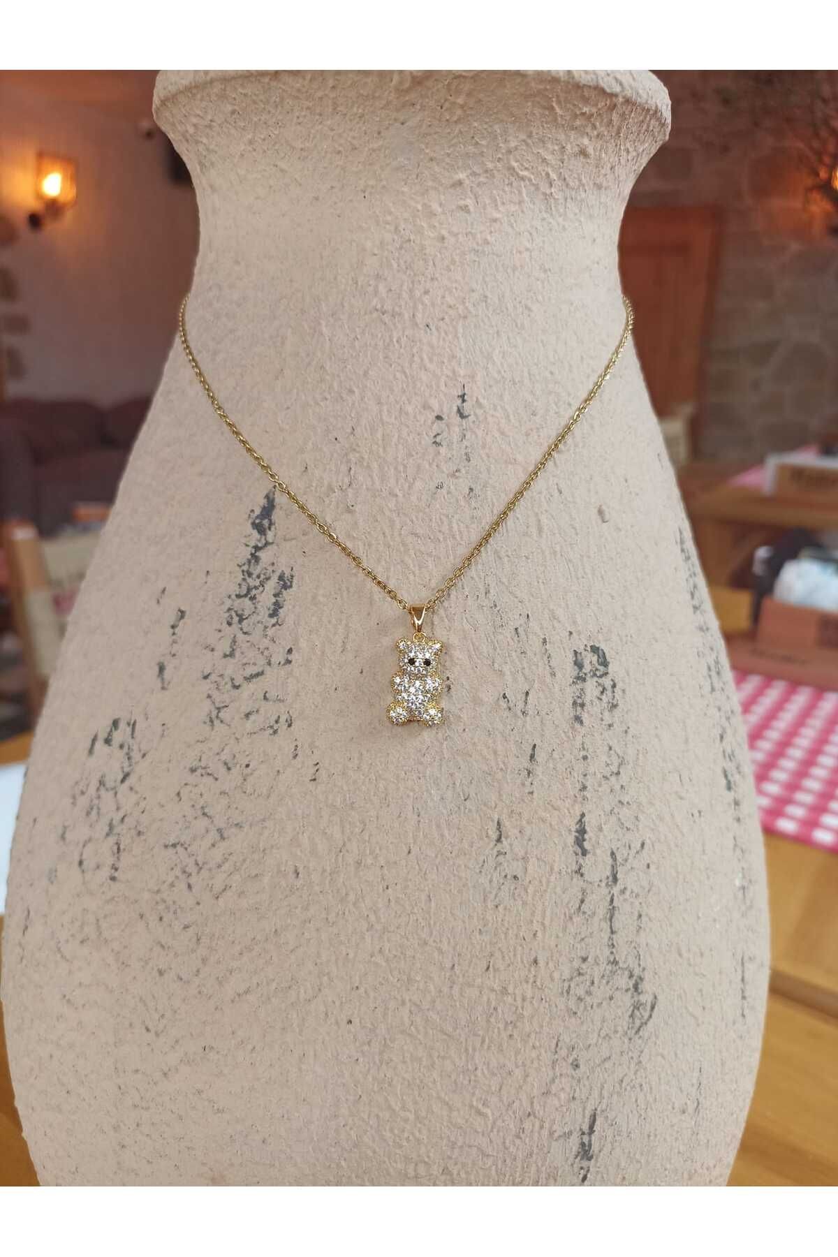 Taşlı Ayıcık Figürlü Çelik Gold Kolye