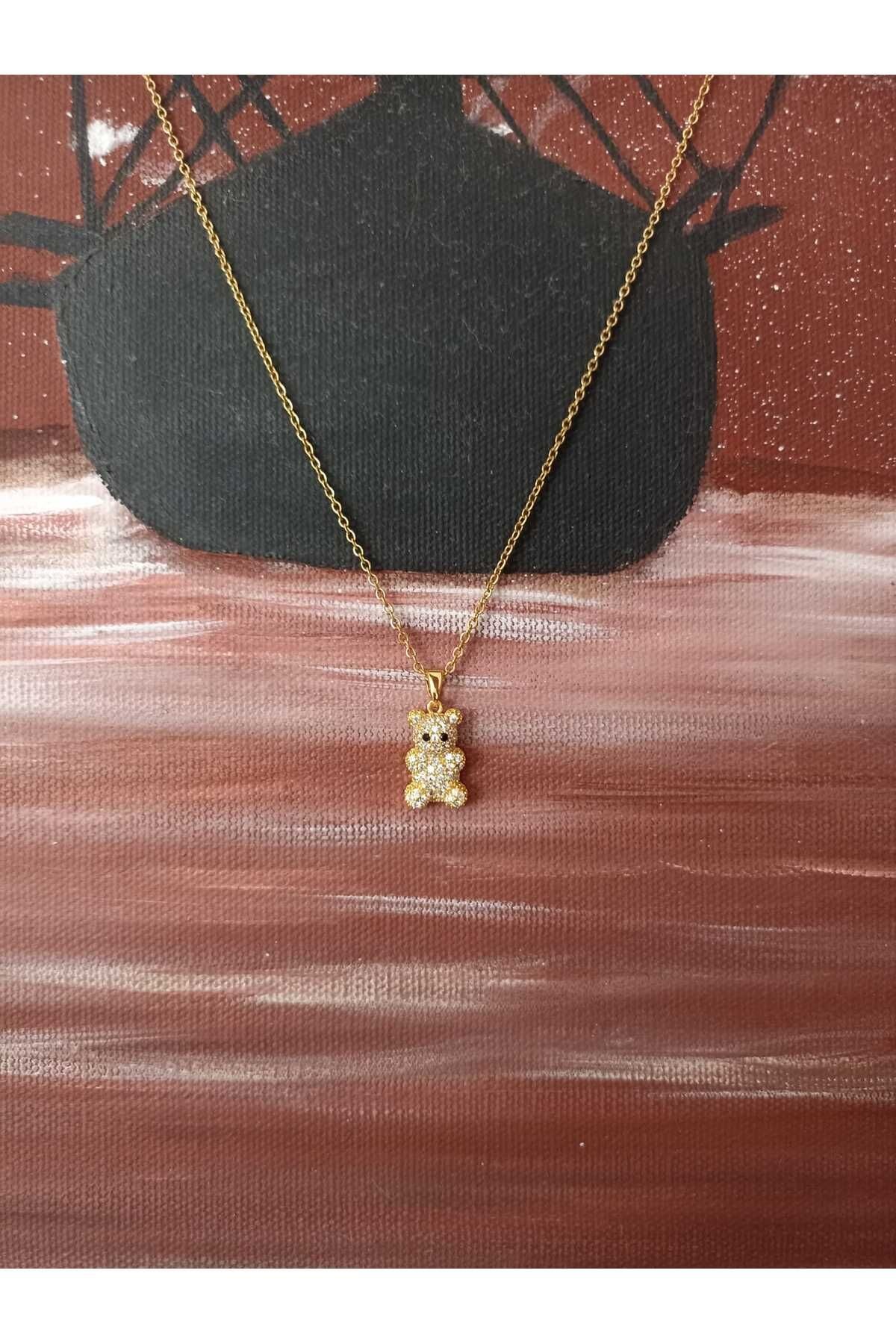Taşlı Ayıcık Figürlü Çelik Gold Kolye