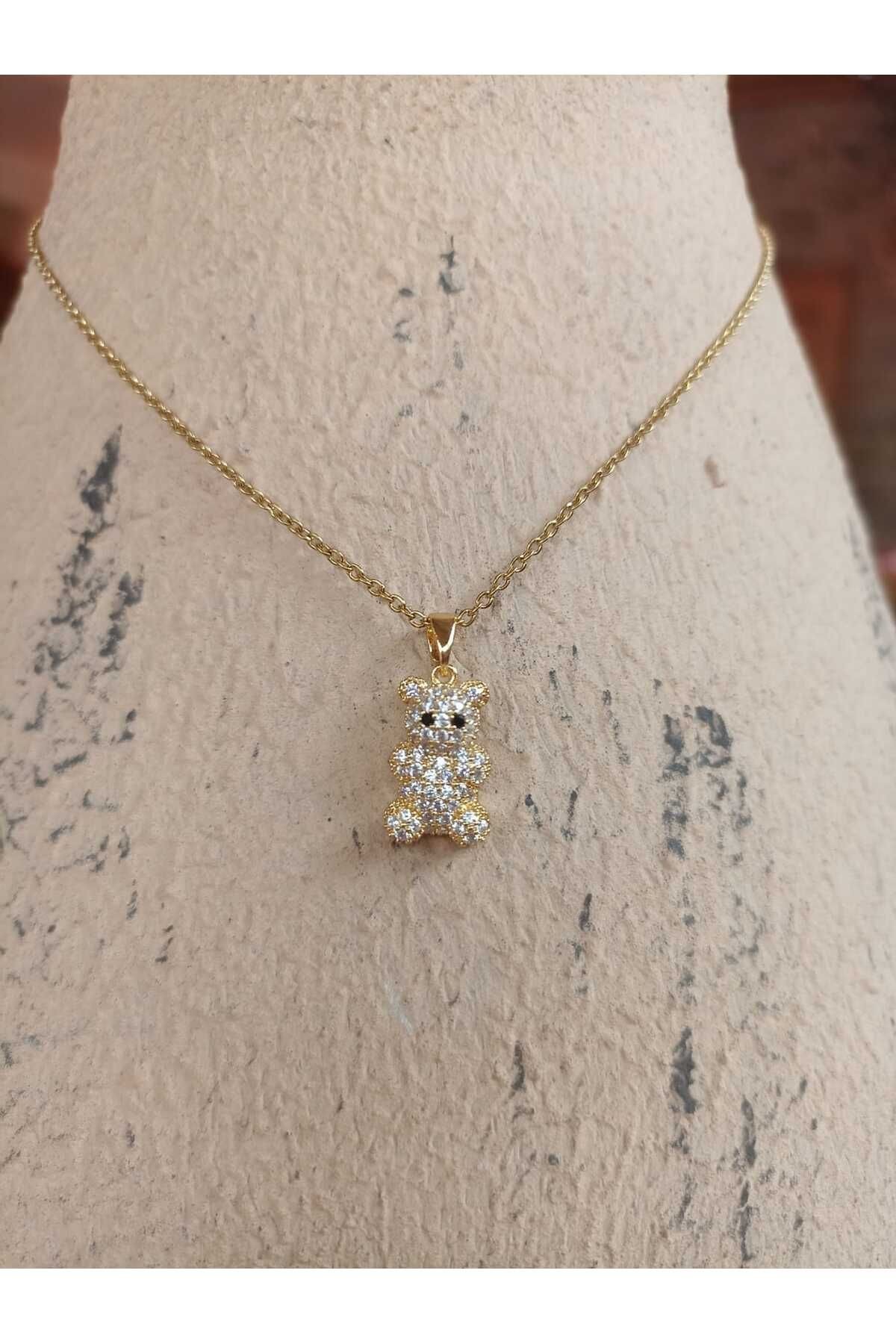 Taşlı Ayıcık Figürlü Çelik Gold Kolye