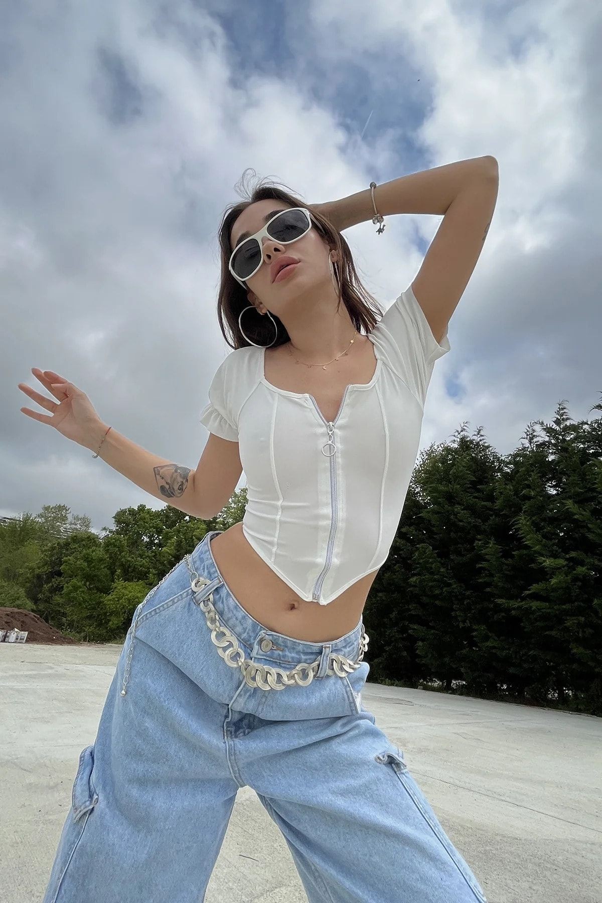 Fermuarlı Kısa Kollu Crop