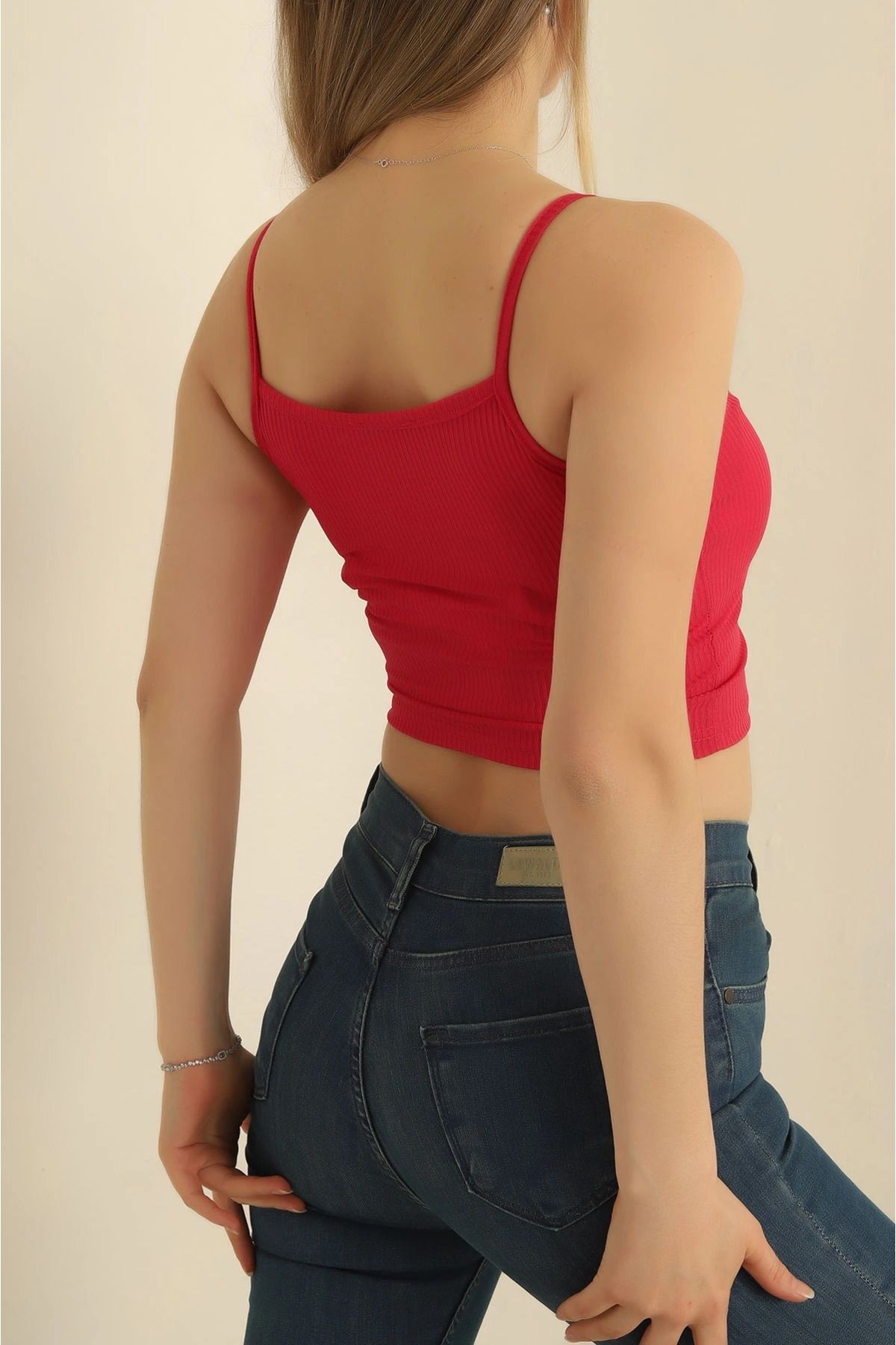 Dantel Yaka Askılı Büzgülü Crop