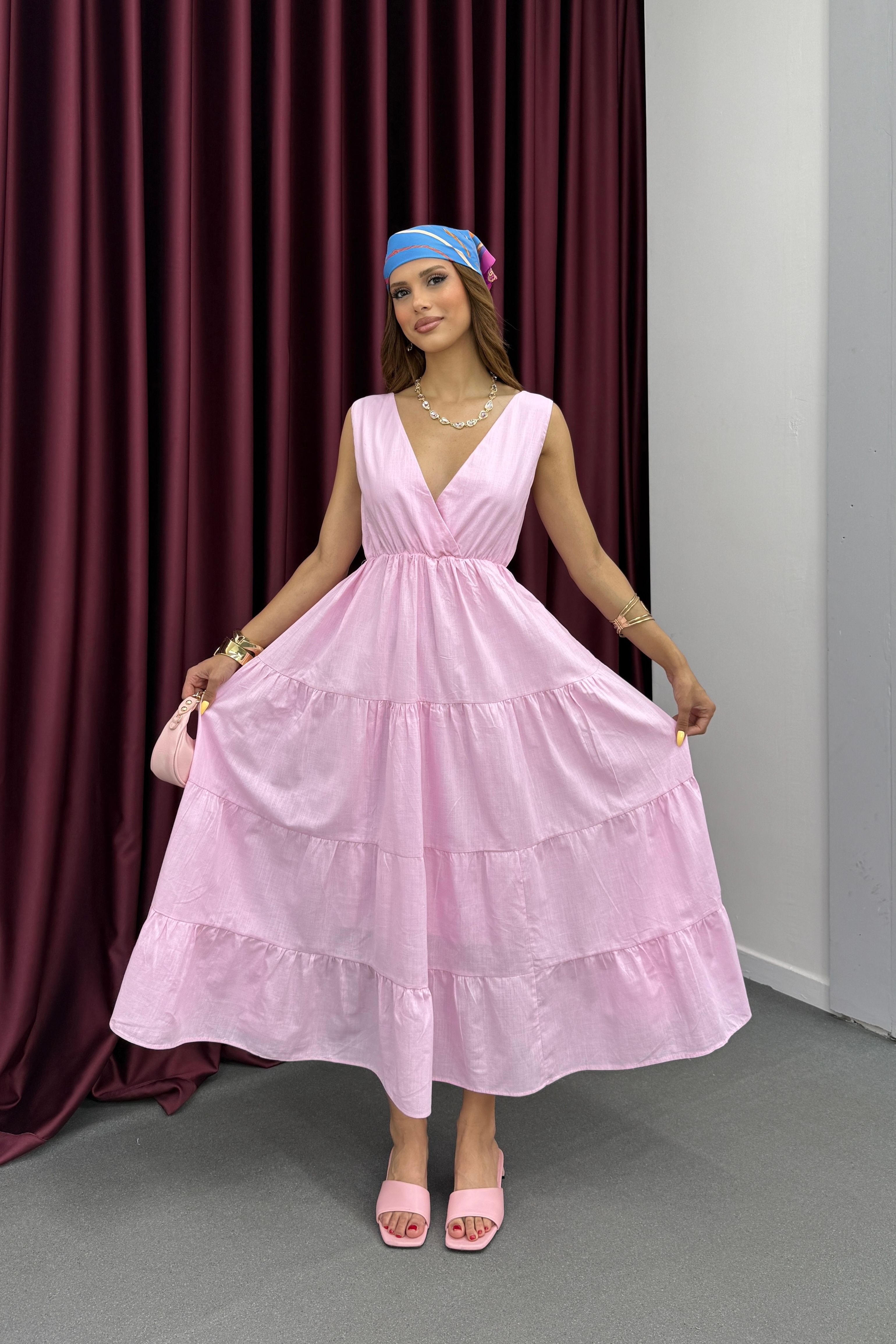 Cora Pembe Kruvaze Maxi Keten Elbise