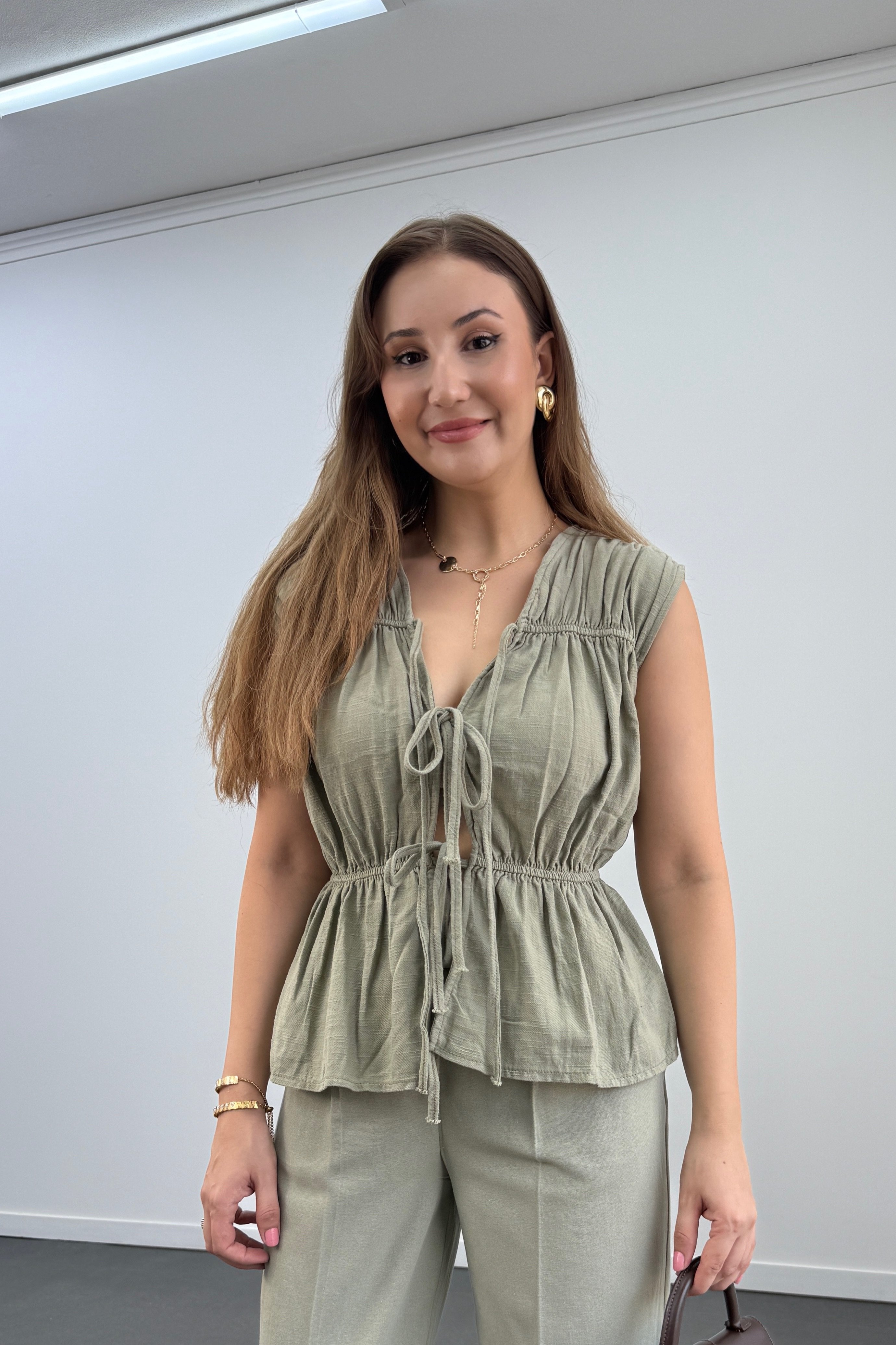 Mitra Haki Bağlamalı %100 Pamuk Bluz