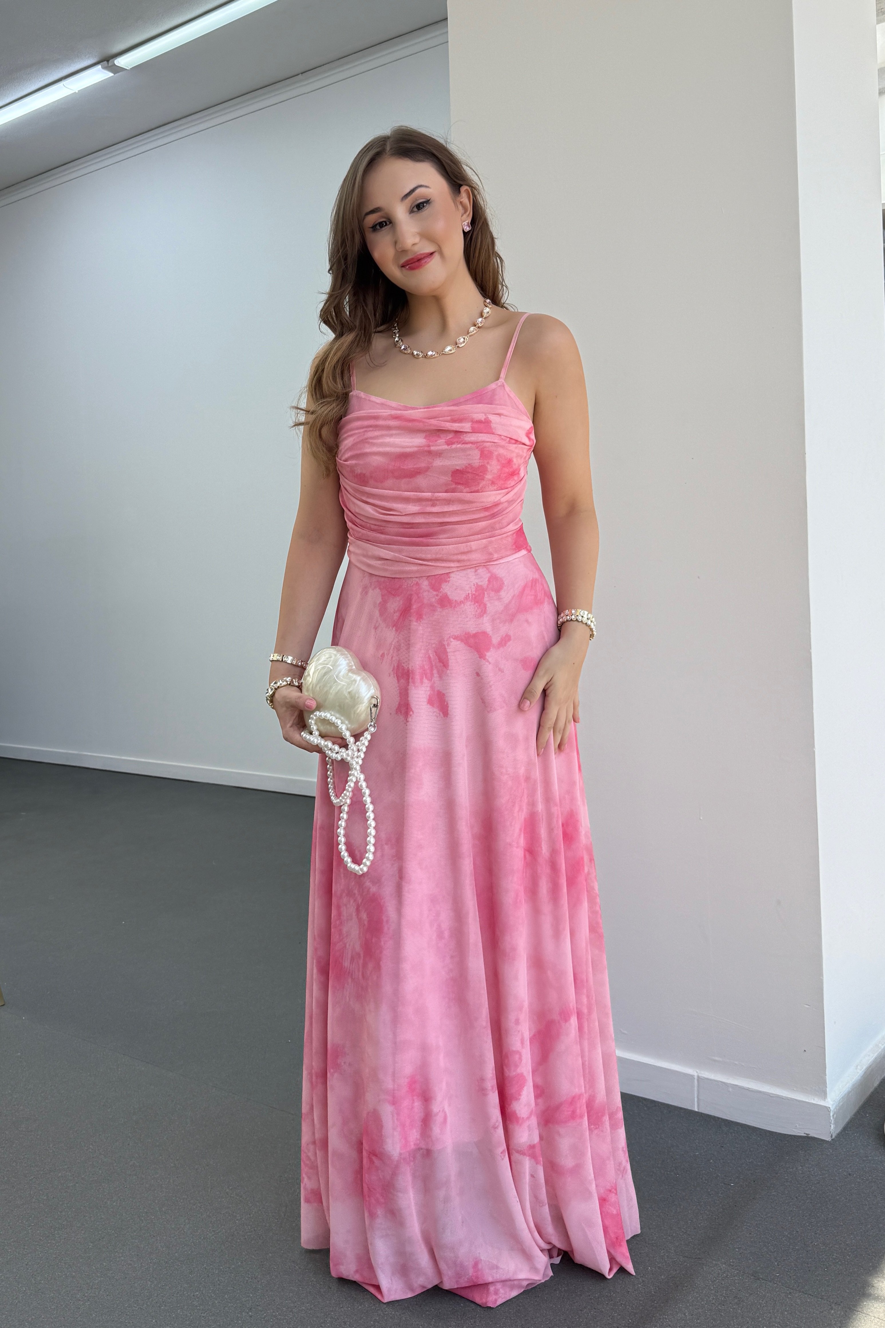 Elenor Pembe Drapeli Askılı Maxi Elbise