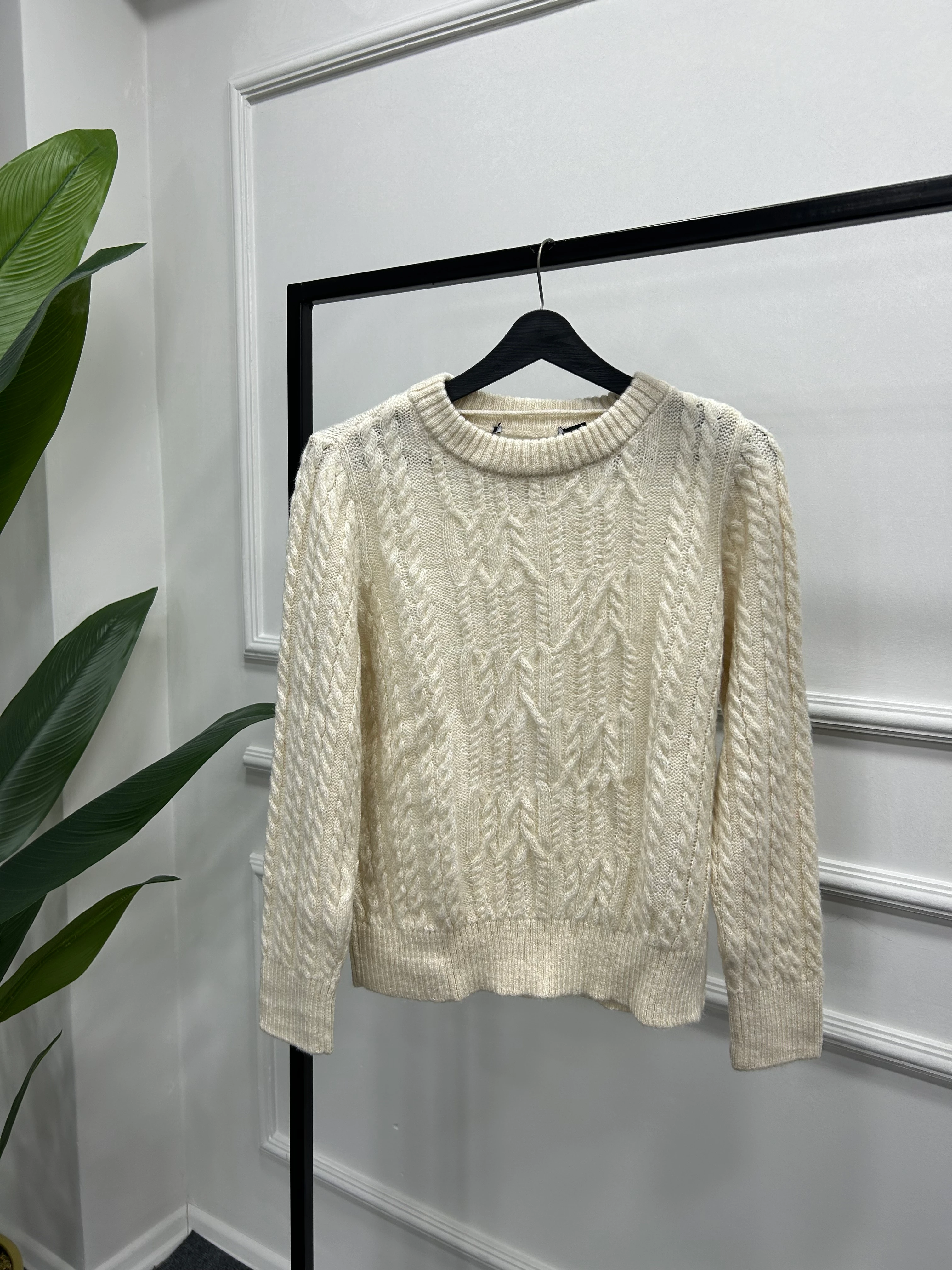 Krem Renk Örgü Detay Kazak   DFL