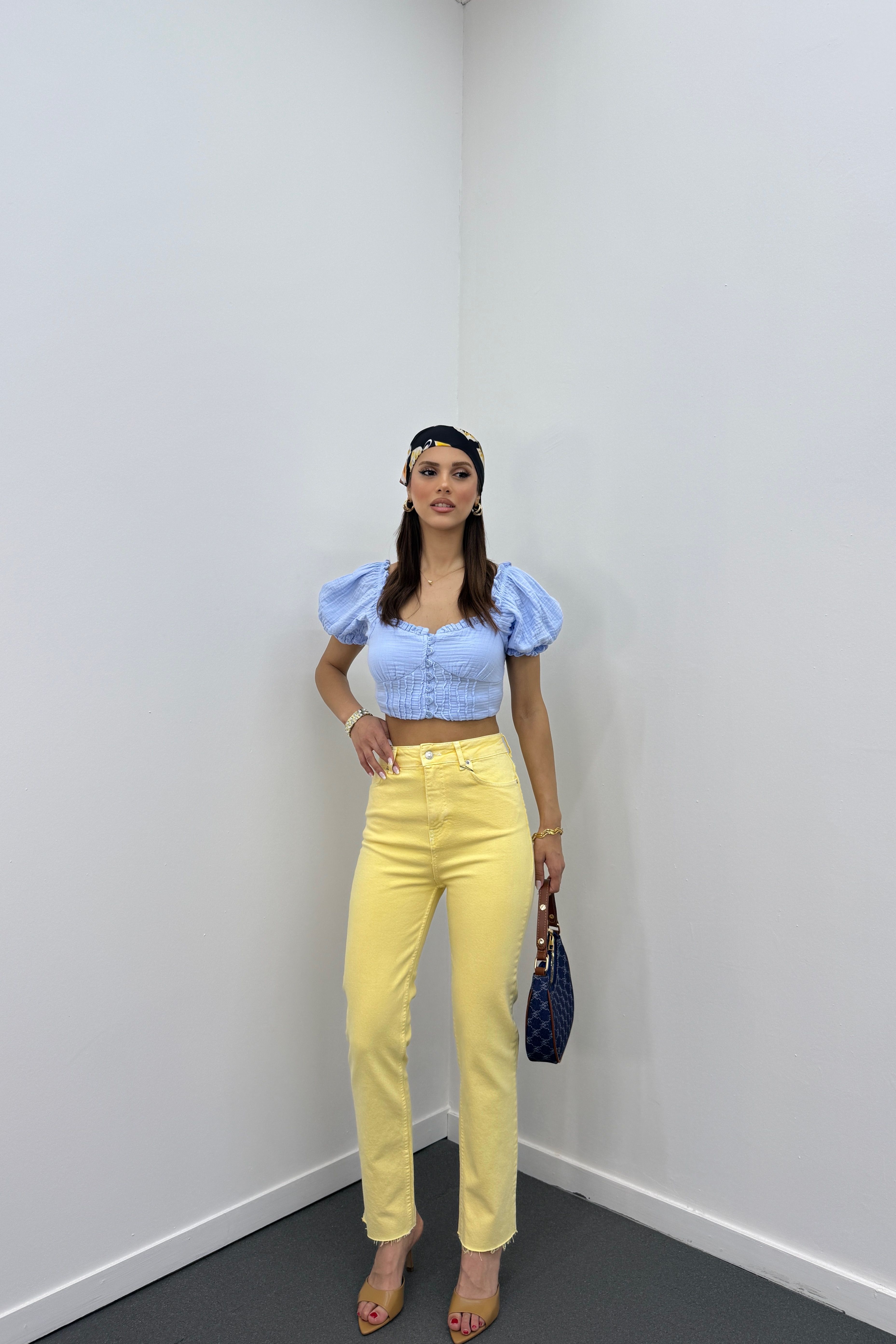  Juliet Açık Sarı Renk Yüksek Bel Slim Fit Jeans