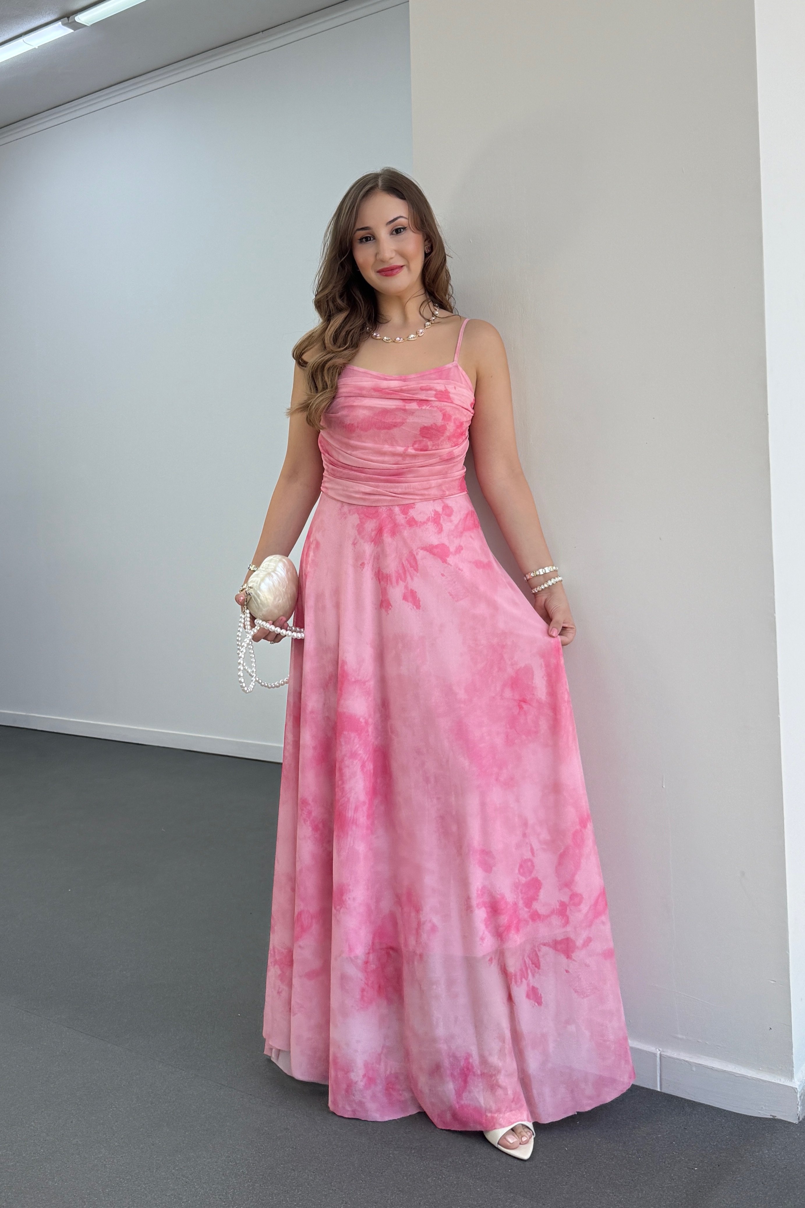 Elenor Pembe Drapeli Askılı Maxi Elbise
