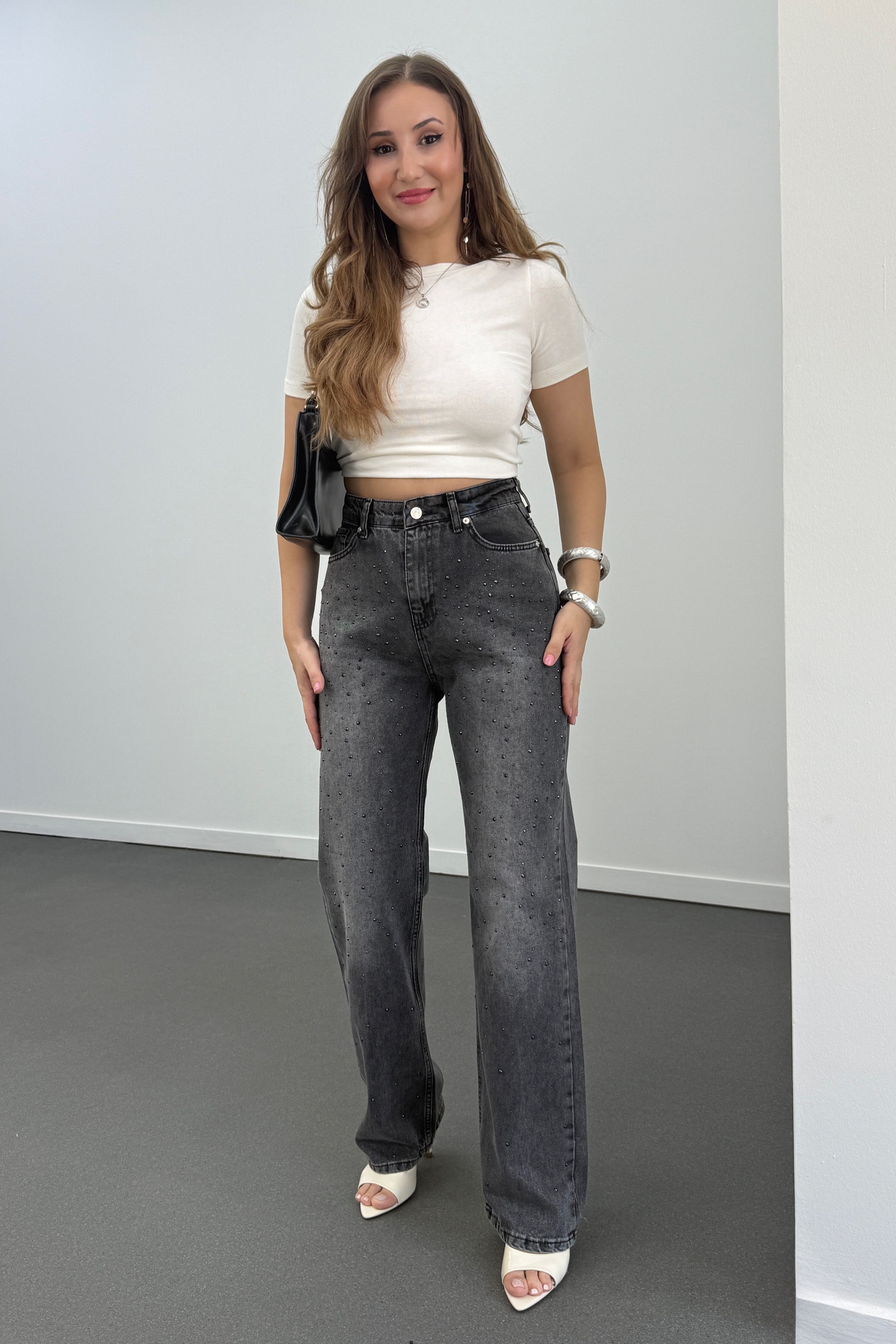 ZR Swarovski Koyu Gri Taş Aksesuarlı Premium Jean
