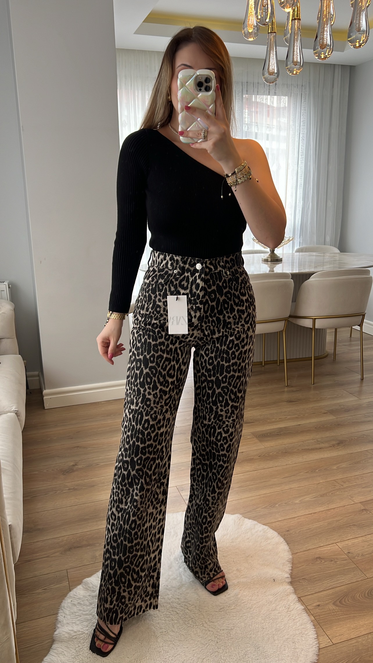 Robert Premium Siyah Leopar Wide Leg Jeans