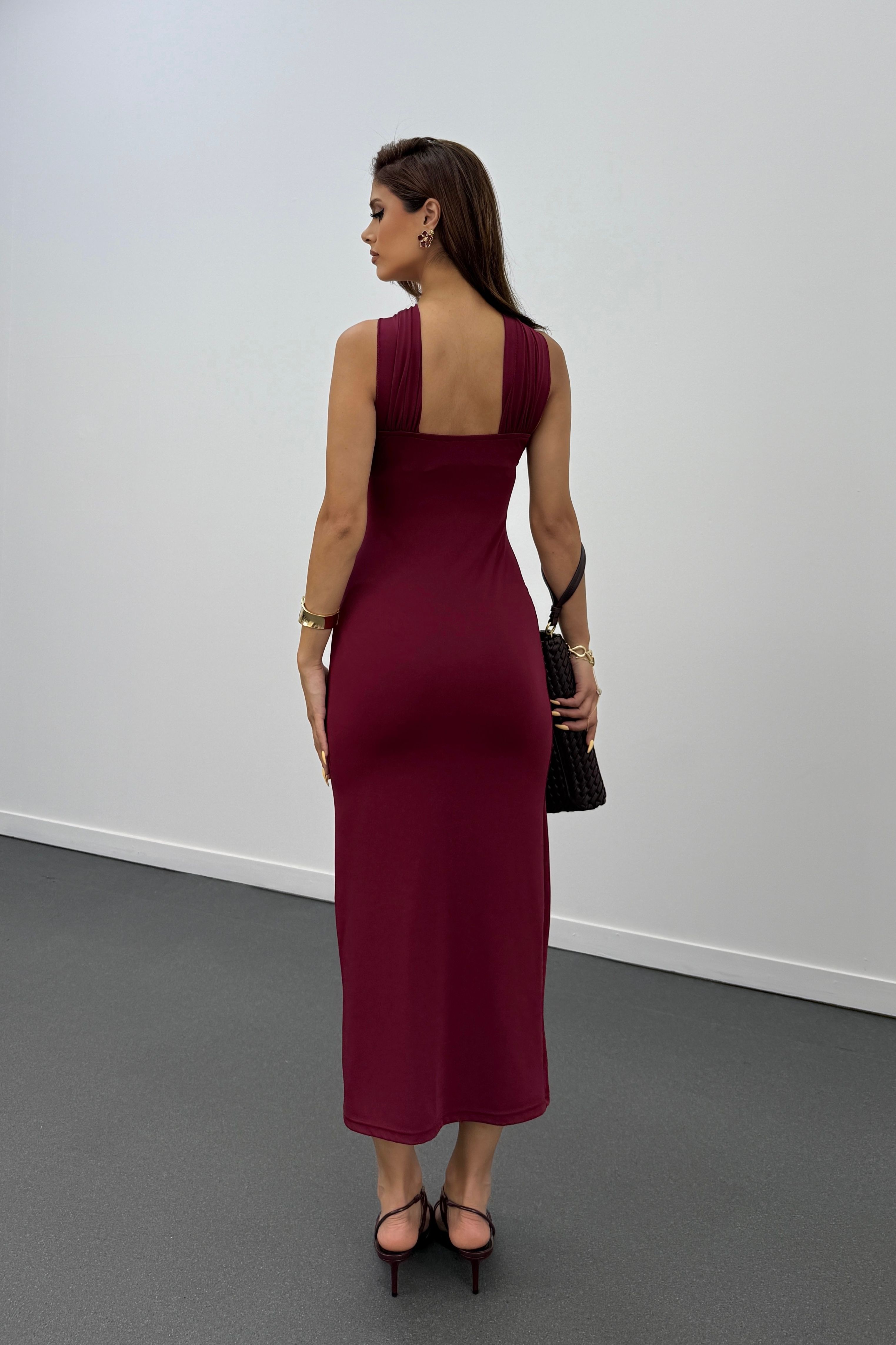 Gabrini Bordo Gold Toka Detaylı Kalem Elbise