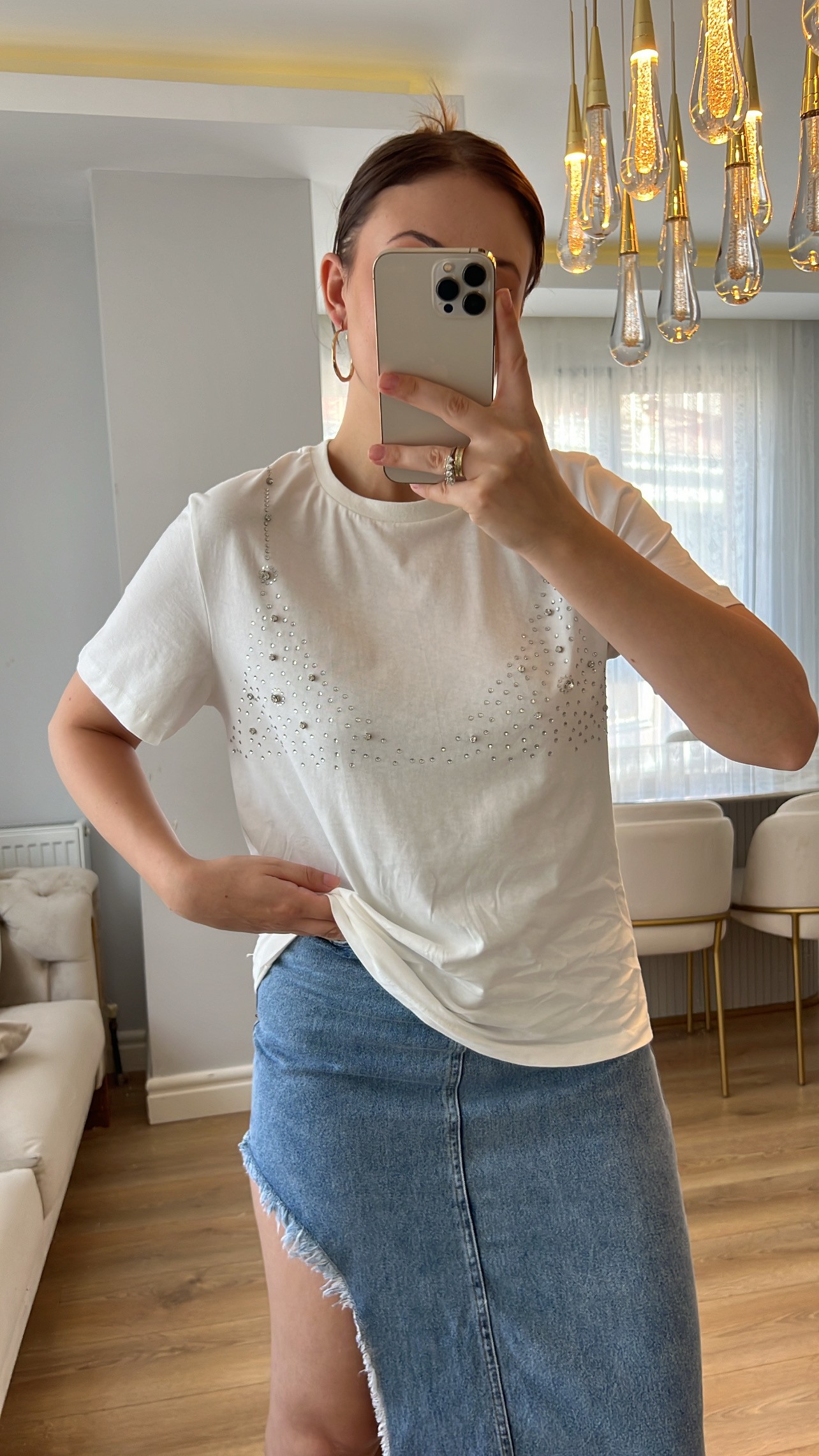 ZR Bralet Taş İşlemeli Beyaz Tshirt 