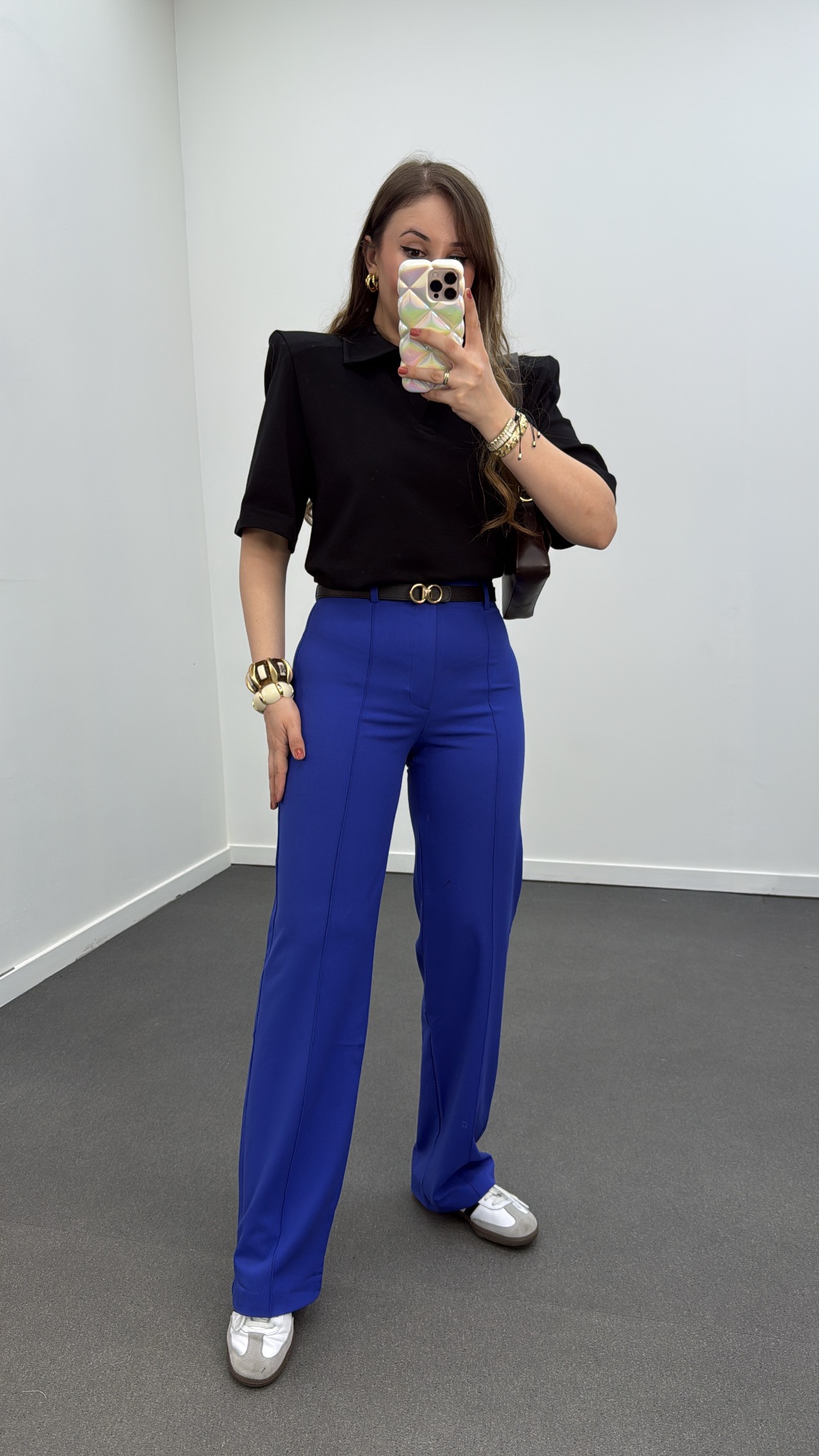 Pantaloni din tesatura Palazzo cu cusaturi albastre Meg Saks