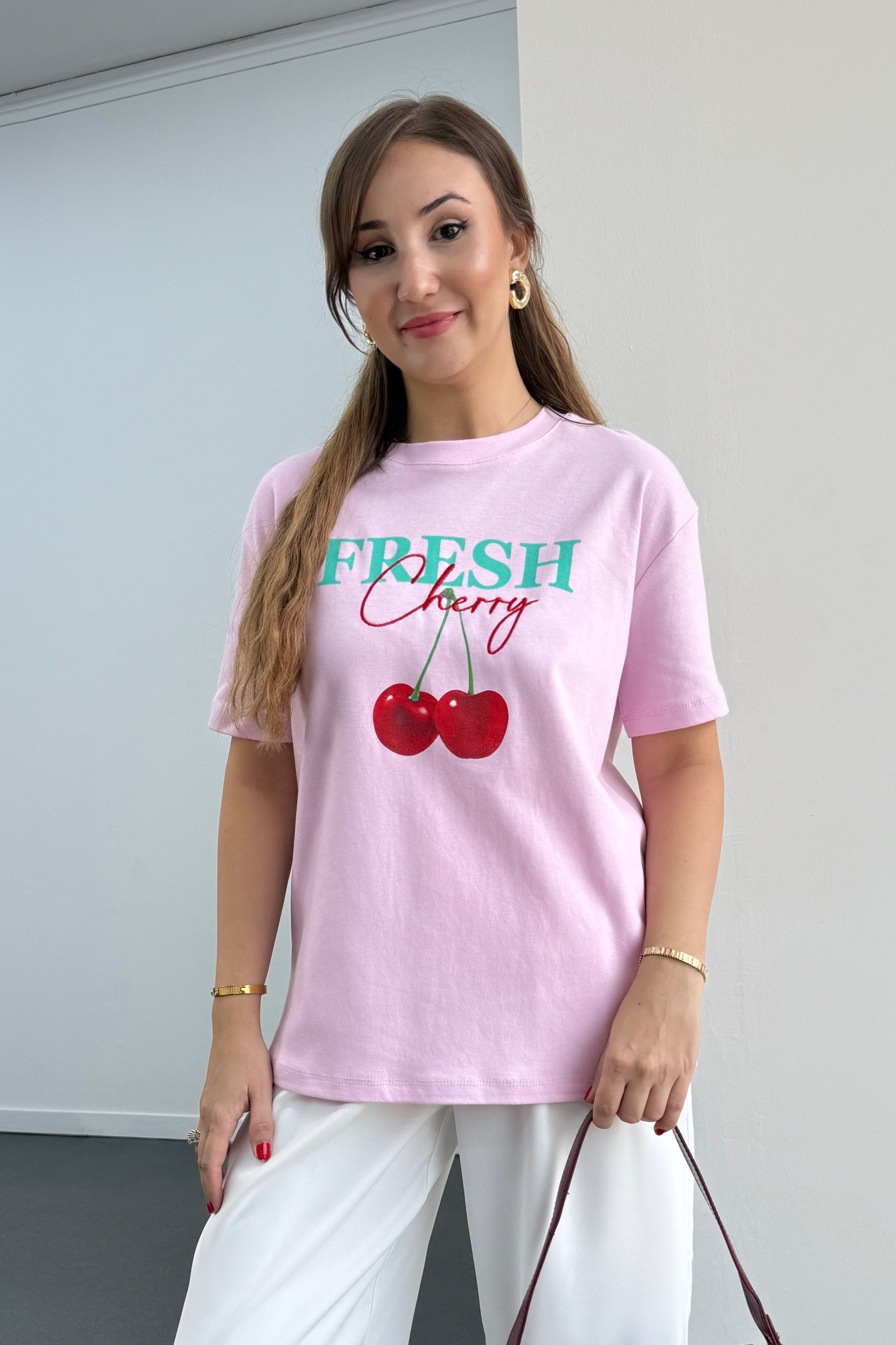 Fresh Cherry Pembe %100 Pamuk Tshirt