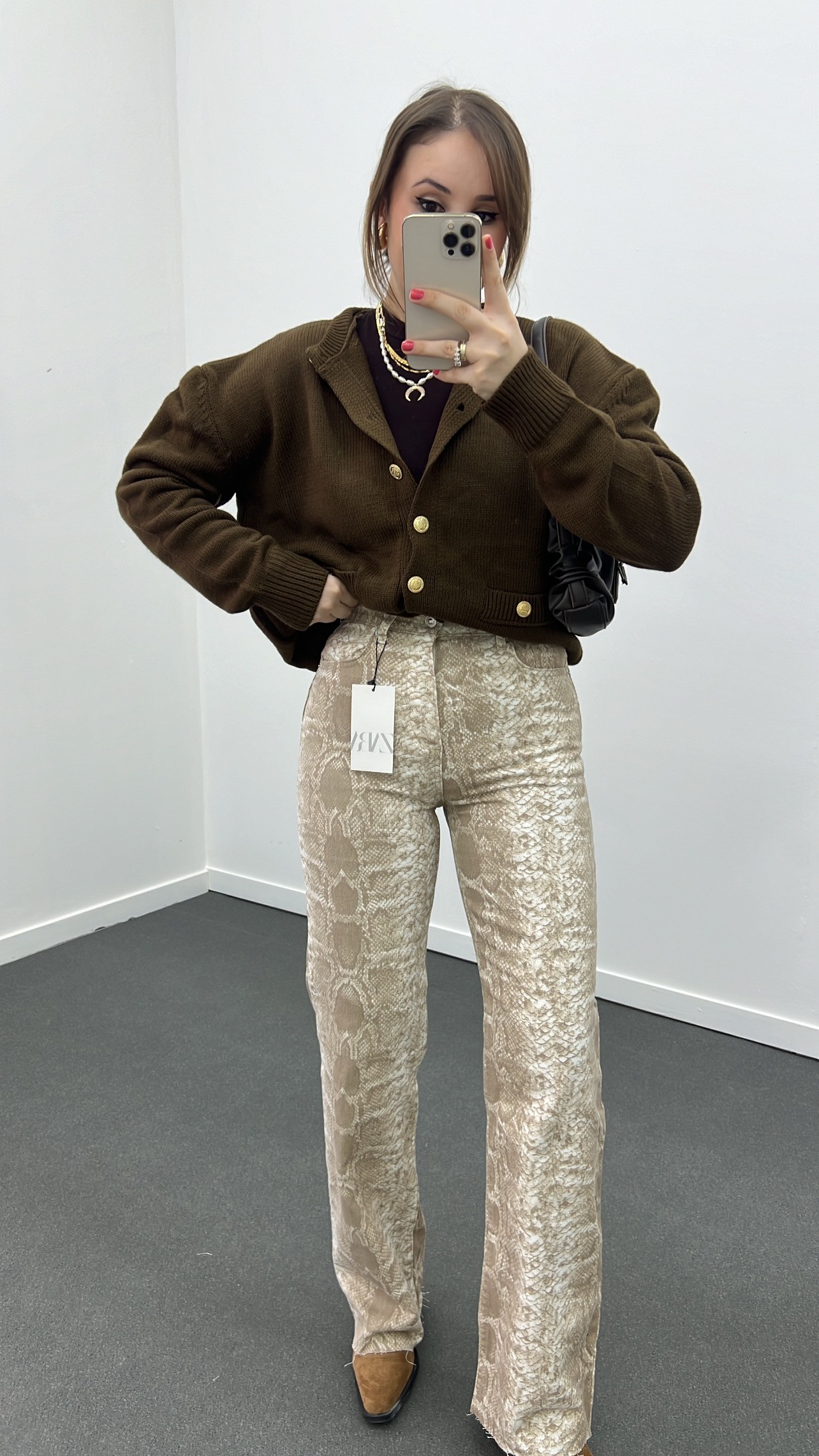 ZR Bej Yılan Desenli Wide Leg Jeans