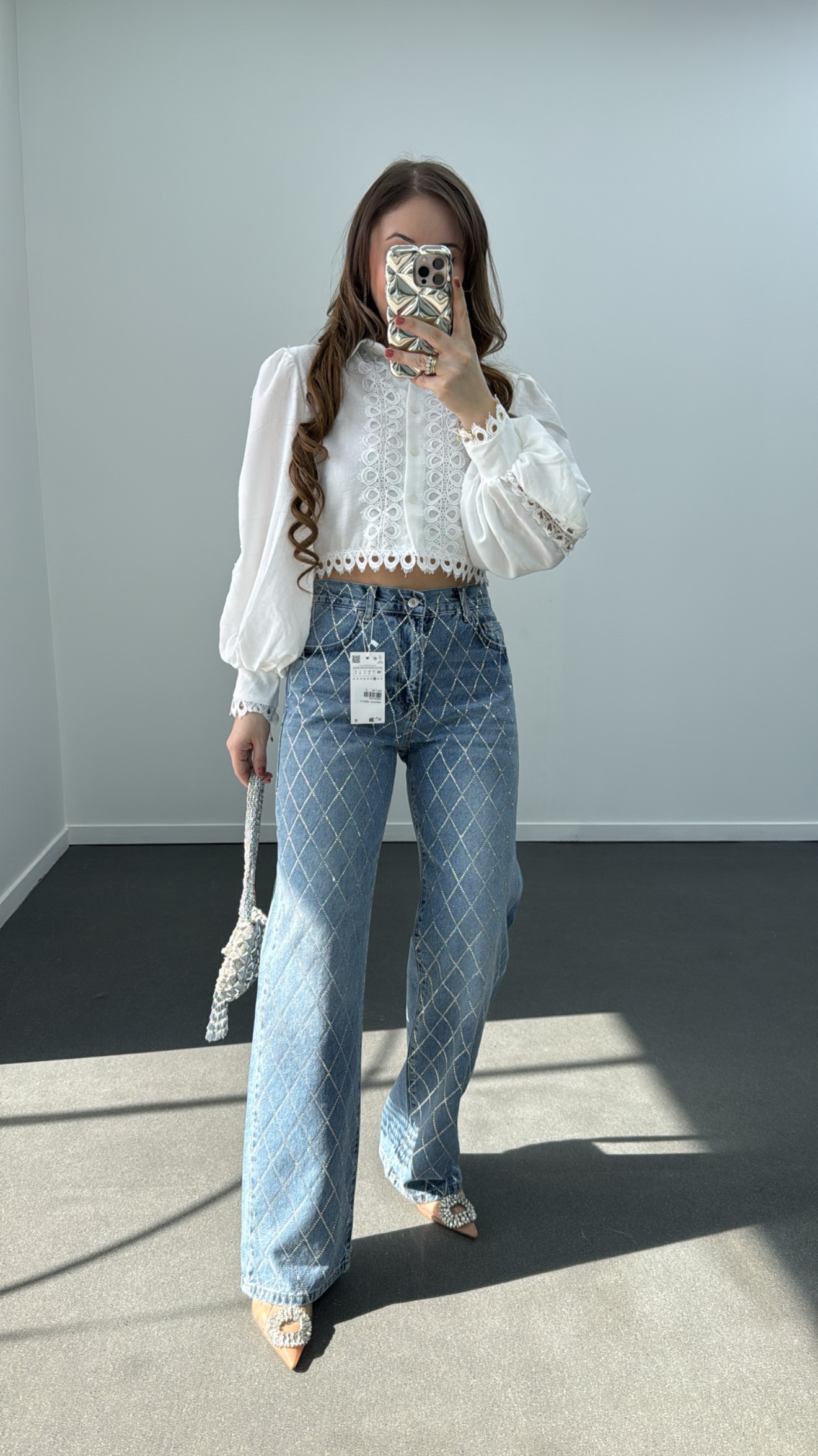 Shine Kot Renk Taş İşlemeli Loose Fit Jeans