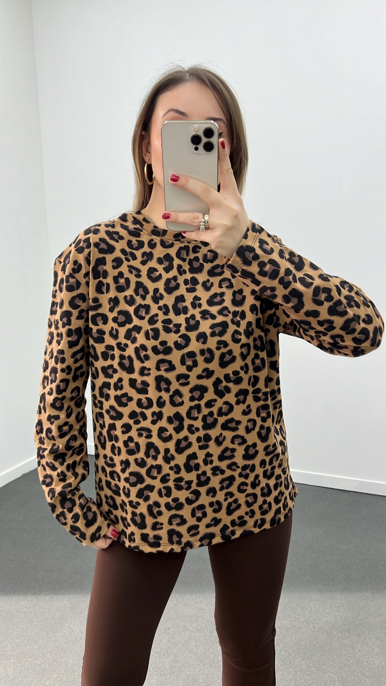 Kahve Leopar Desenli İnce Sweat 