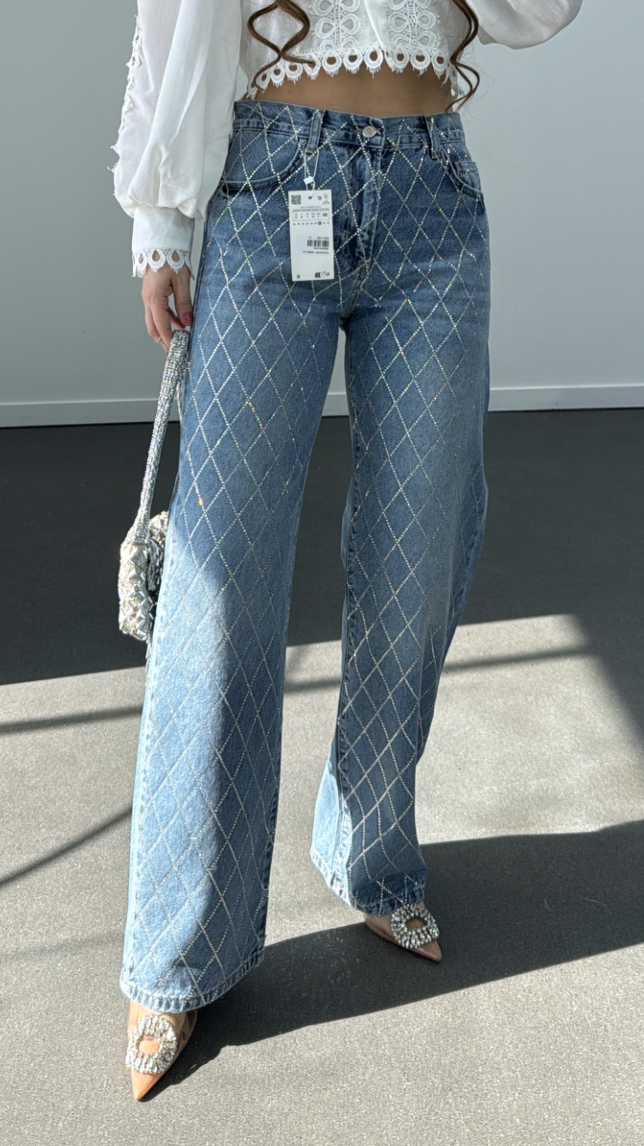 Shine Kot Renk Taş İşlemeli Loose Fit Jeans