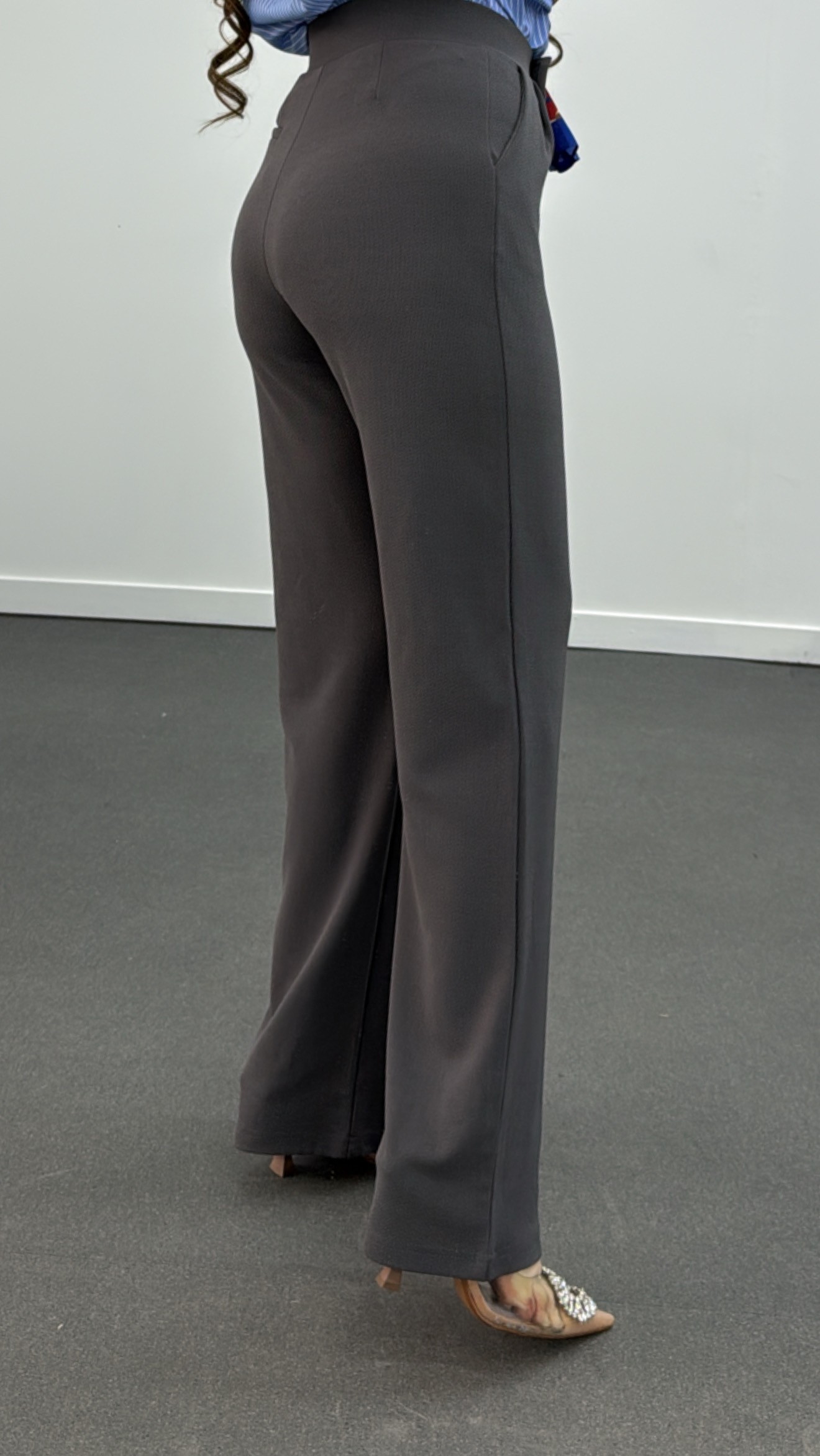 Pantaloni Palazzo Emma Lycra gri închis cu velcro