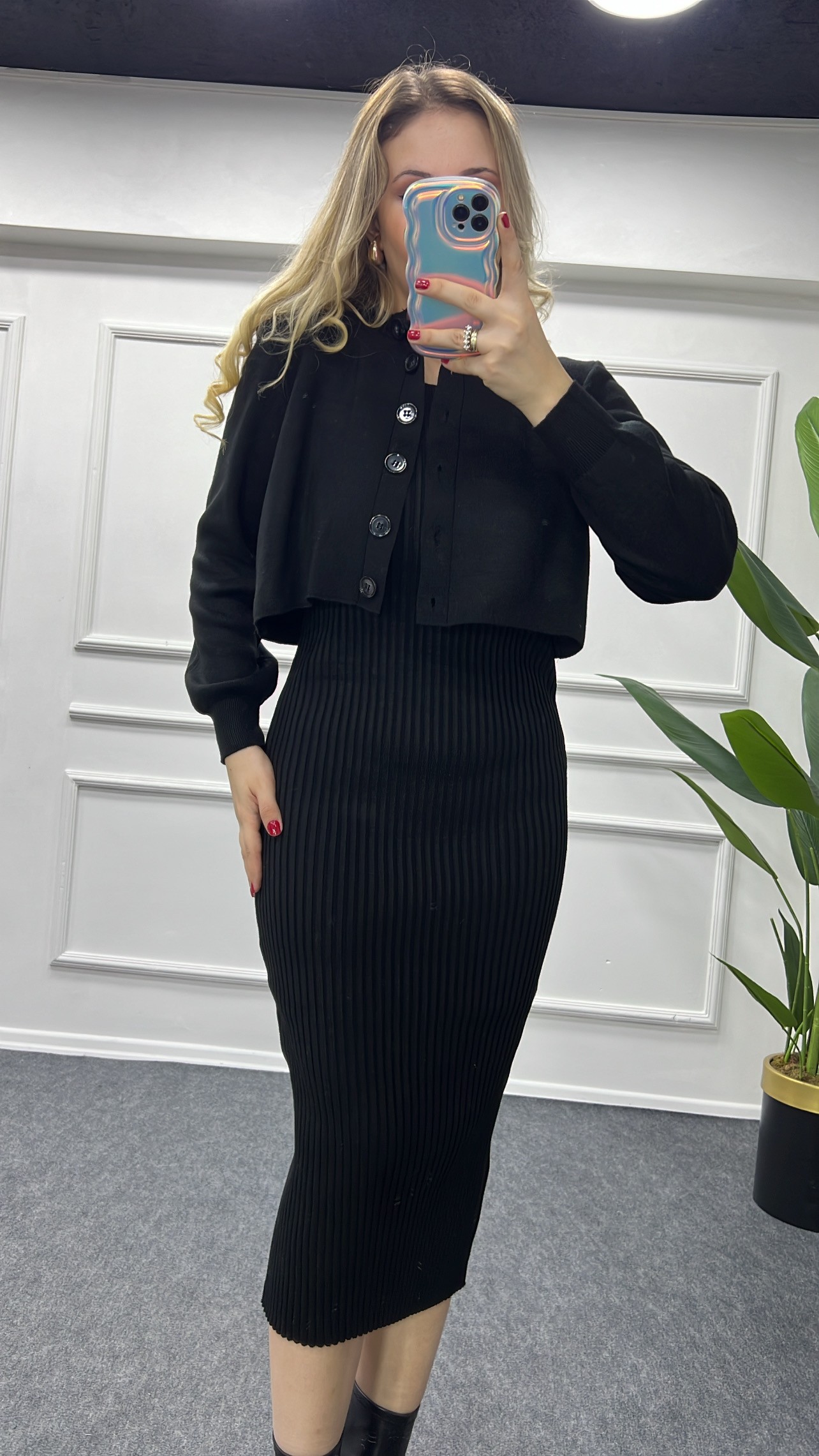Fiona Siyah Renk Elbise Hırka Takım