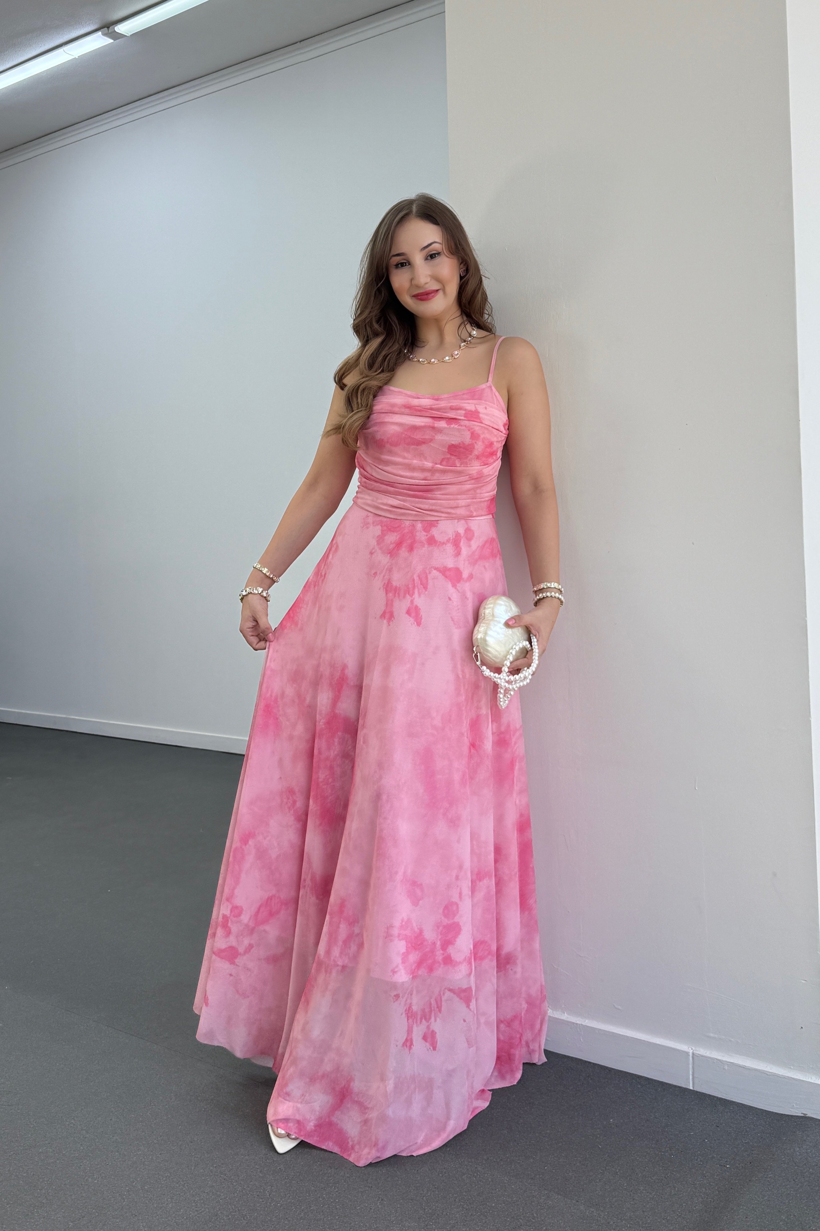 Elenor Pembe Drapeli Askılı Maxi Elbise