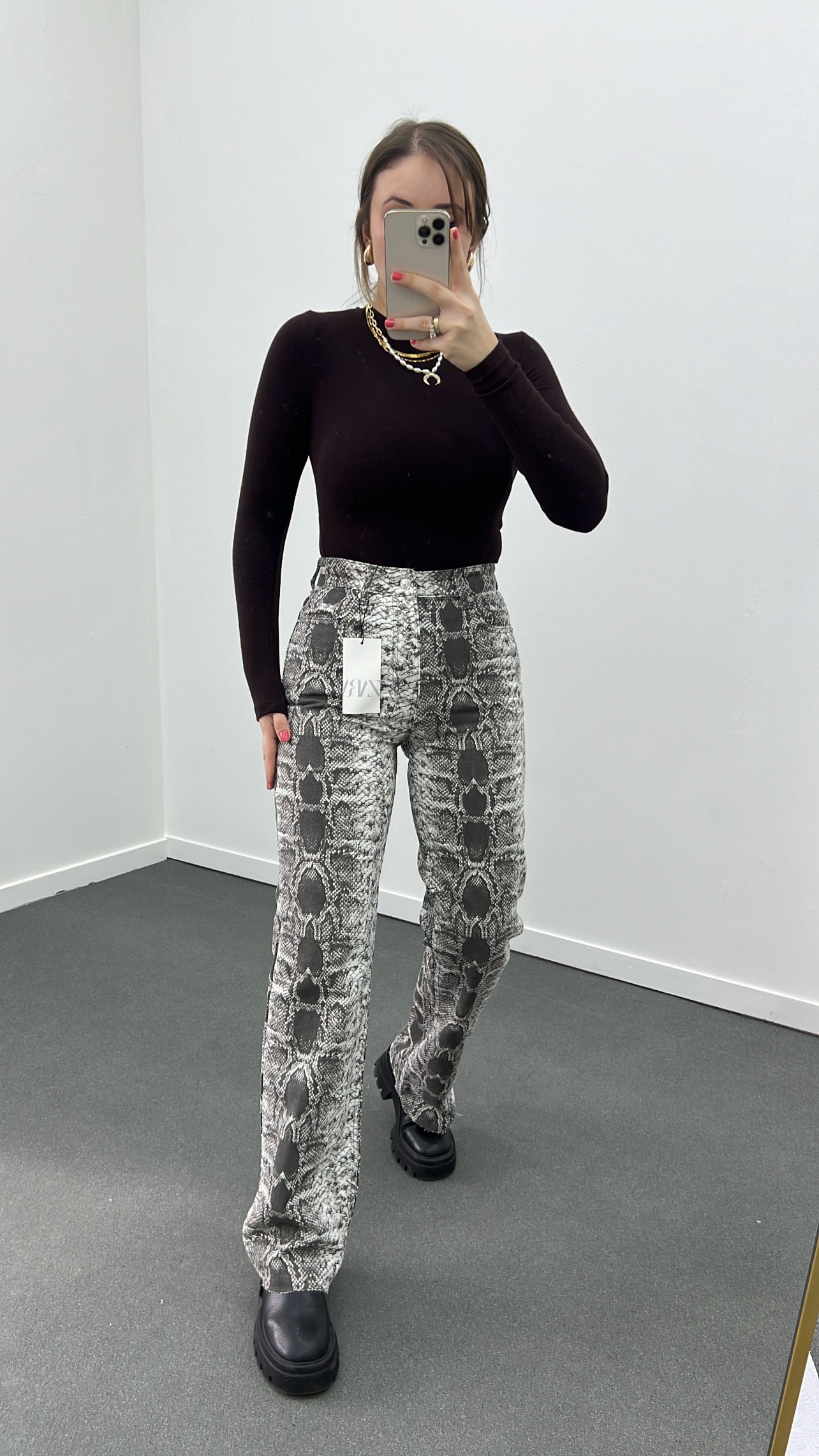 ZR Gri Yılan Desenli Wide Leg Jeans