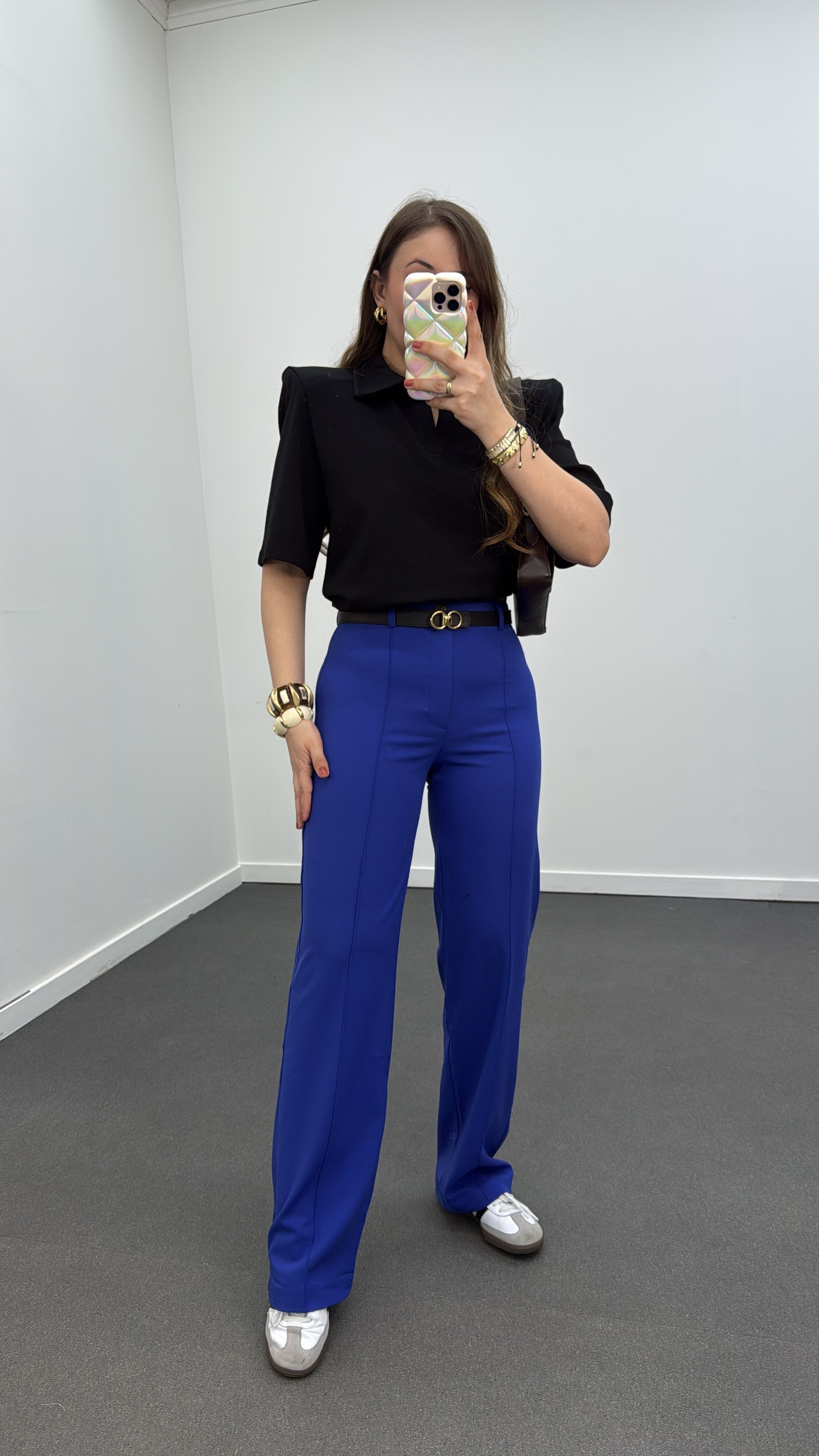 Pantaloni din tesatura Palazzo cu cusaturi albastre Meg Saks