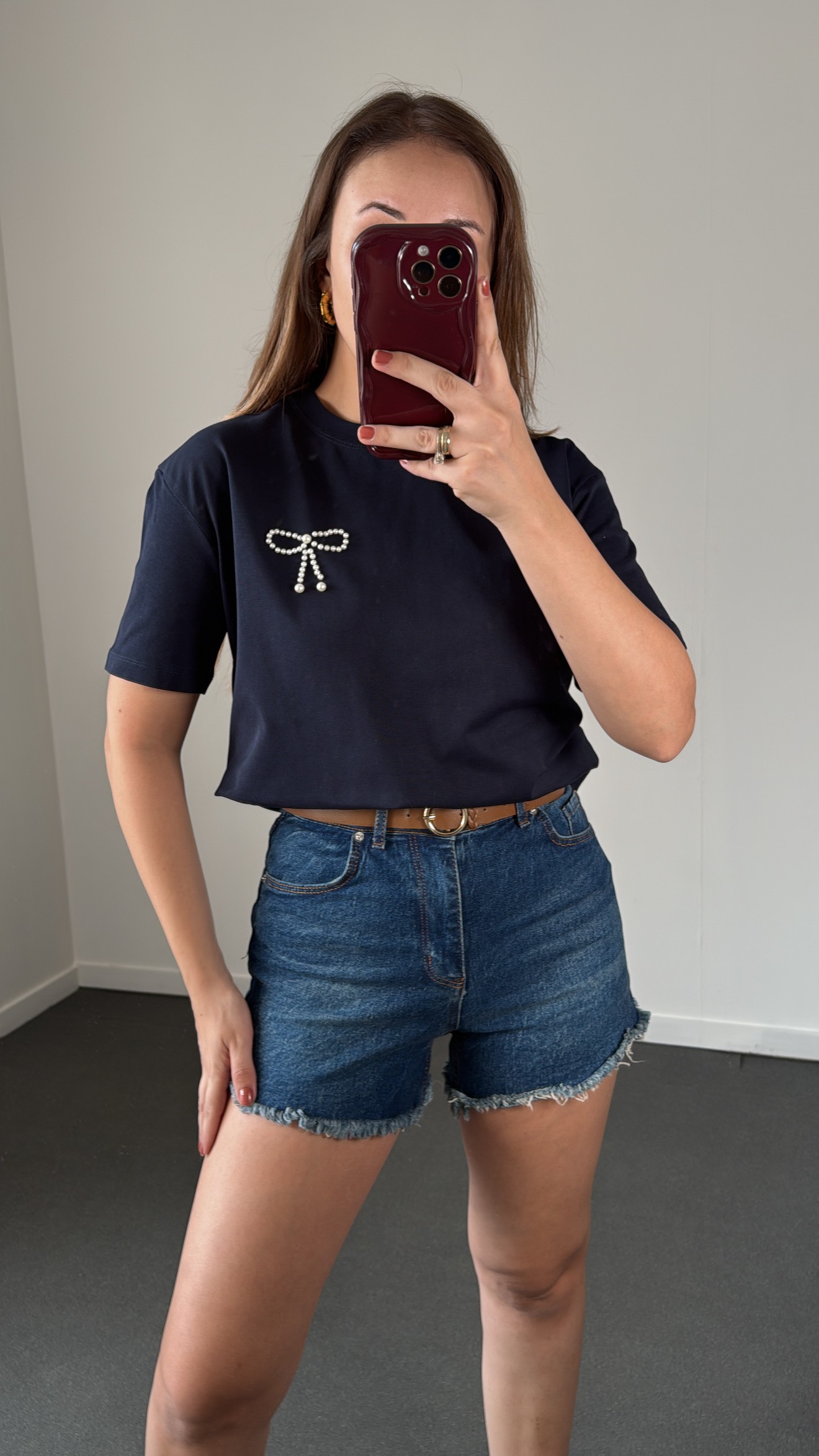Lacivert İncili Kurdele Detaylı Tshirt