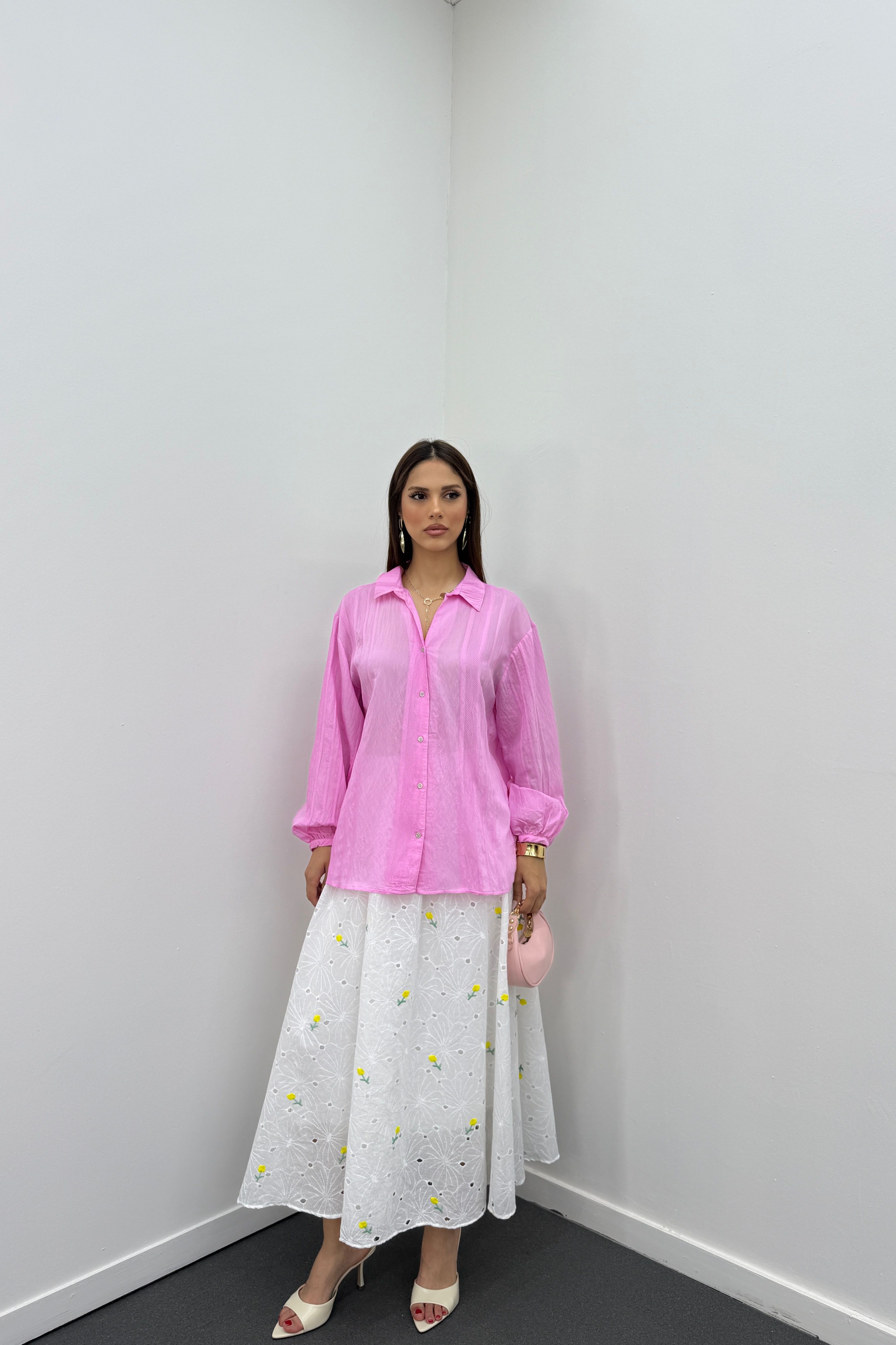 Endiya Pembe Şerit İşleme Detaylı Gömlek 