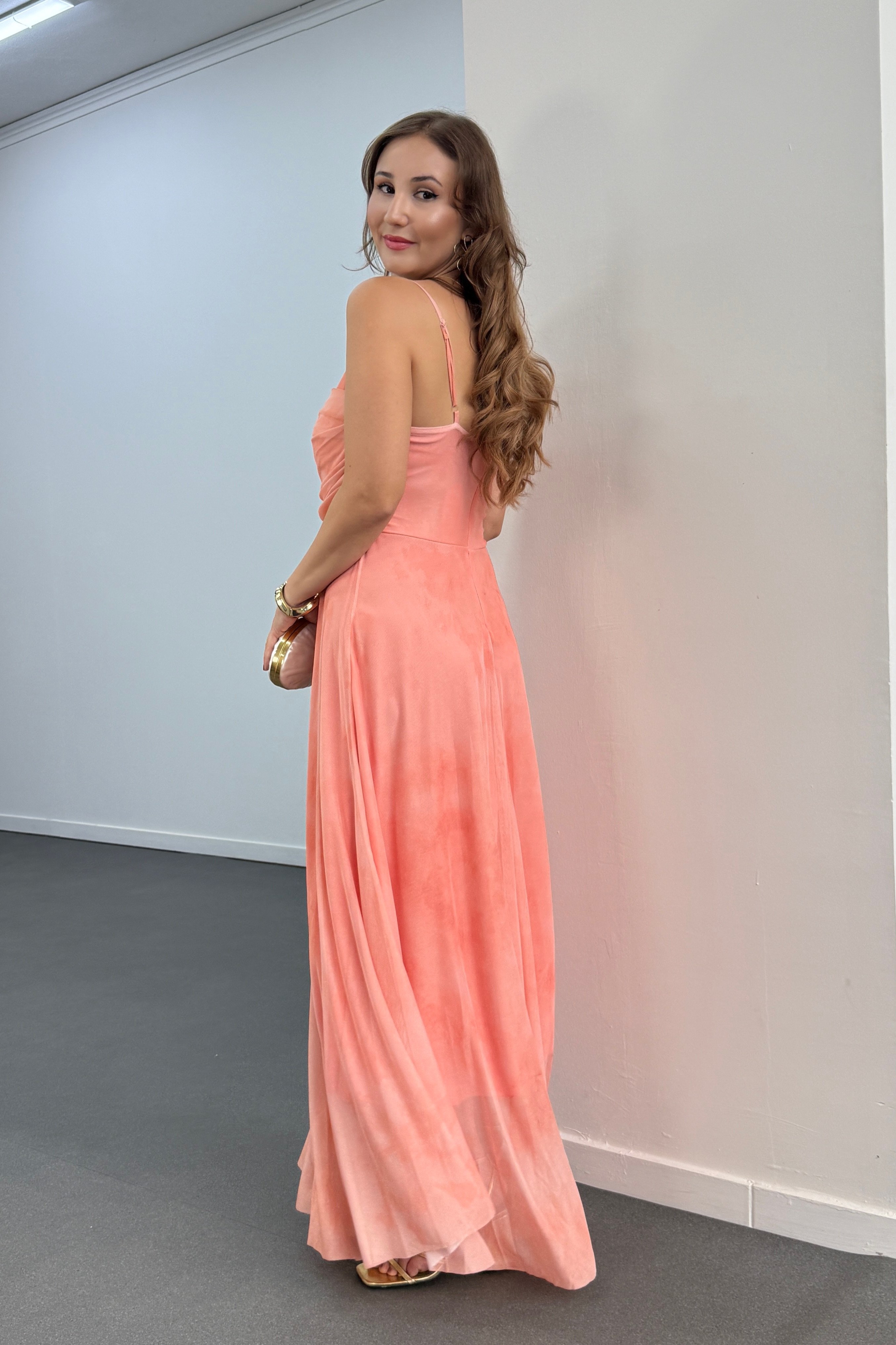 Elenor Orange Drapeli Askılı Maxi Elbise