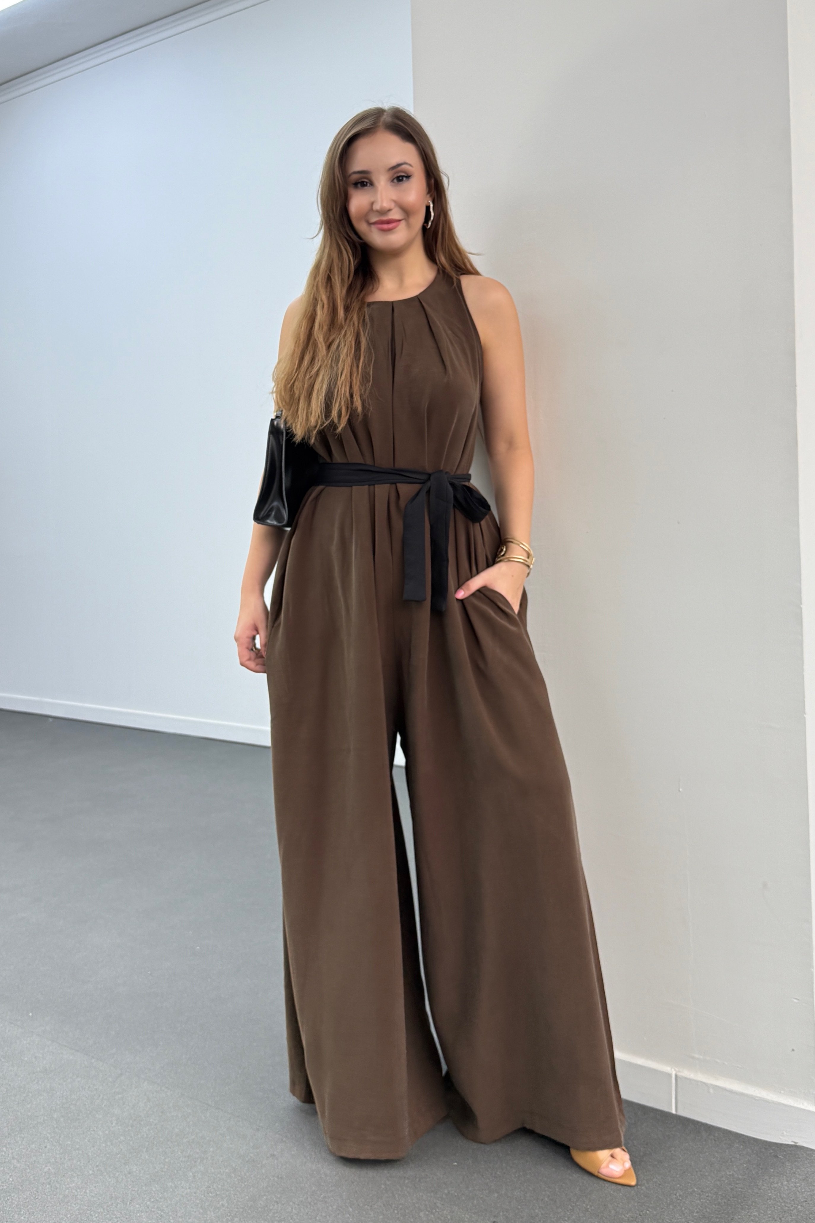 Narges Kahverengi Modal Kumaşlı Geniş Paça Tulum