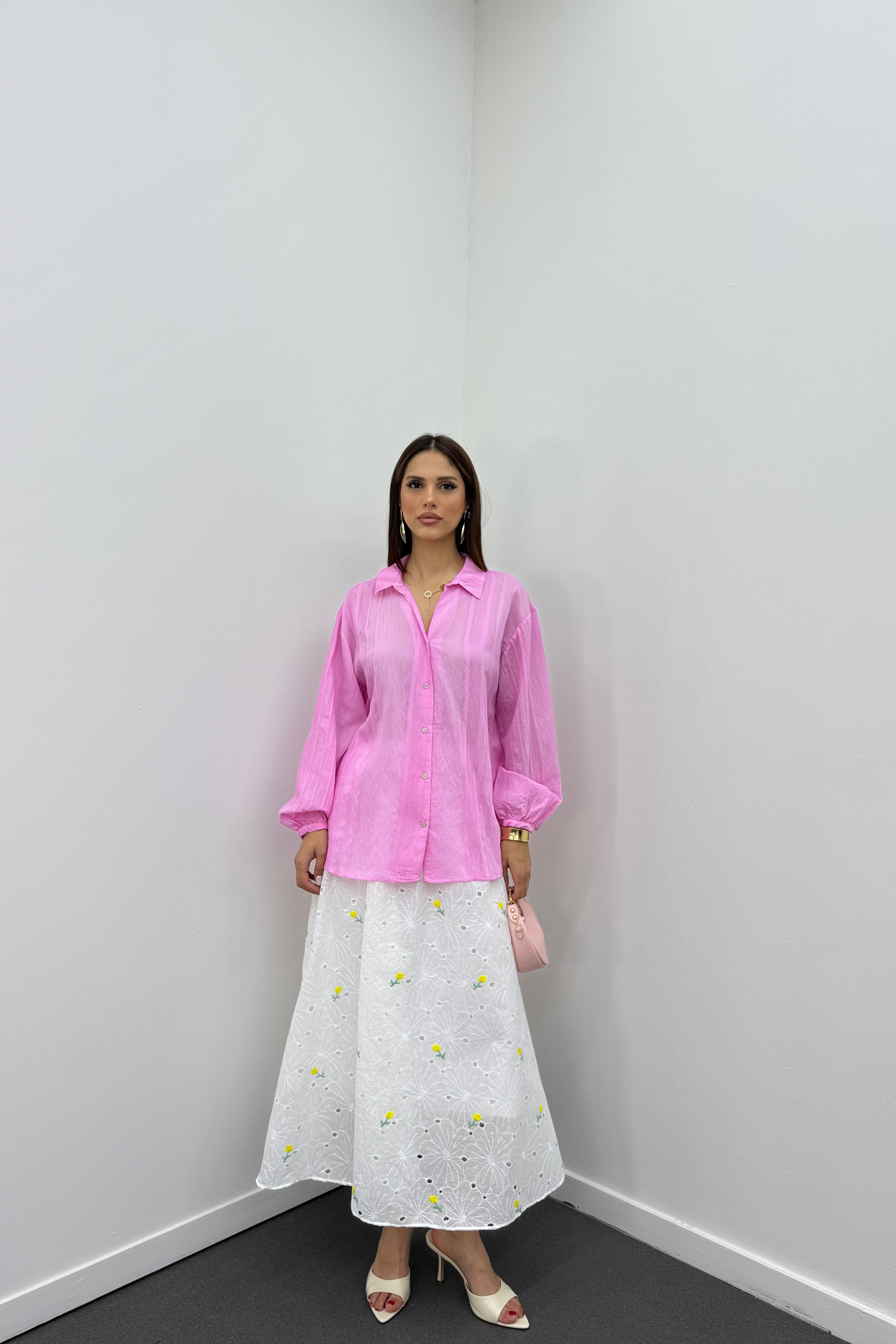Endiya Pembe Şerit İşleme Detaylı Gömlek 