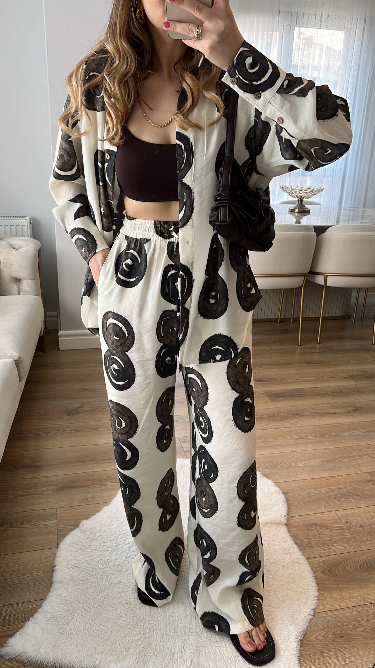 Ethnique Kahve Desenli Gömlek Pantolon Tensel Premium Takım