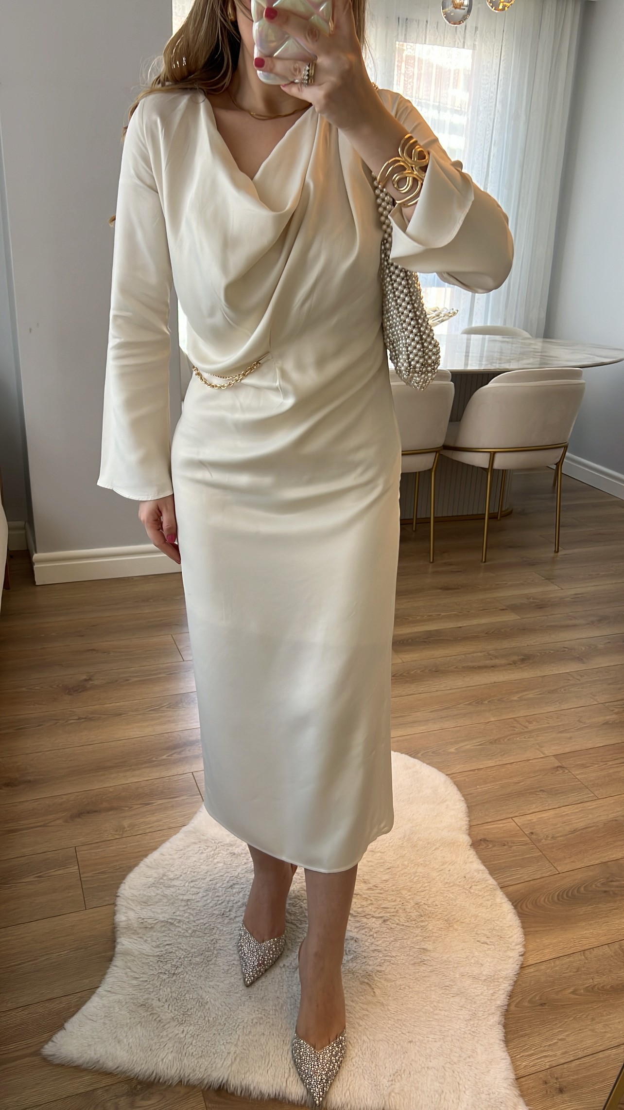 Marina Krem Drapeli Saten Midi Elbise