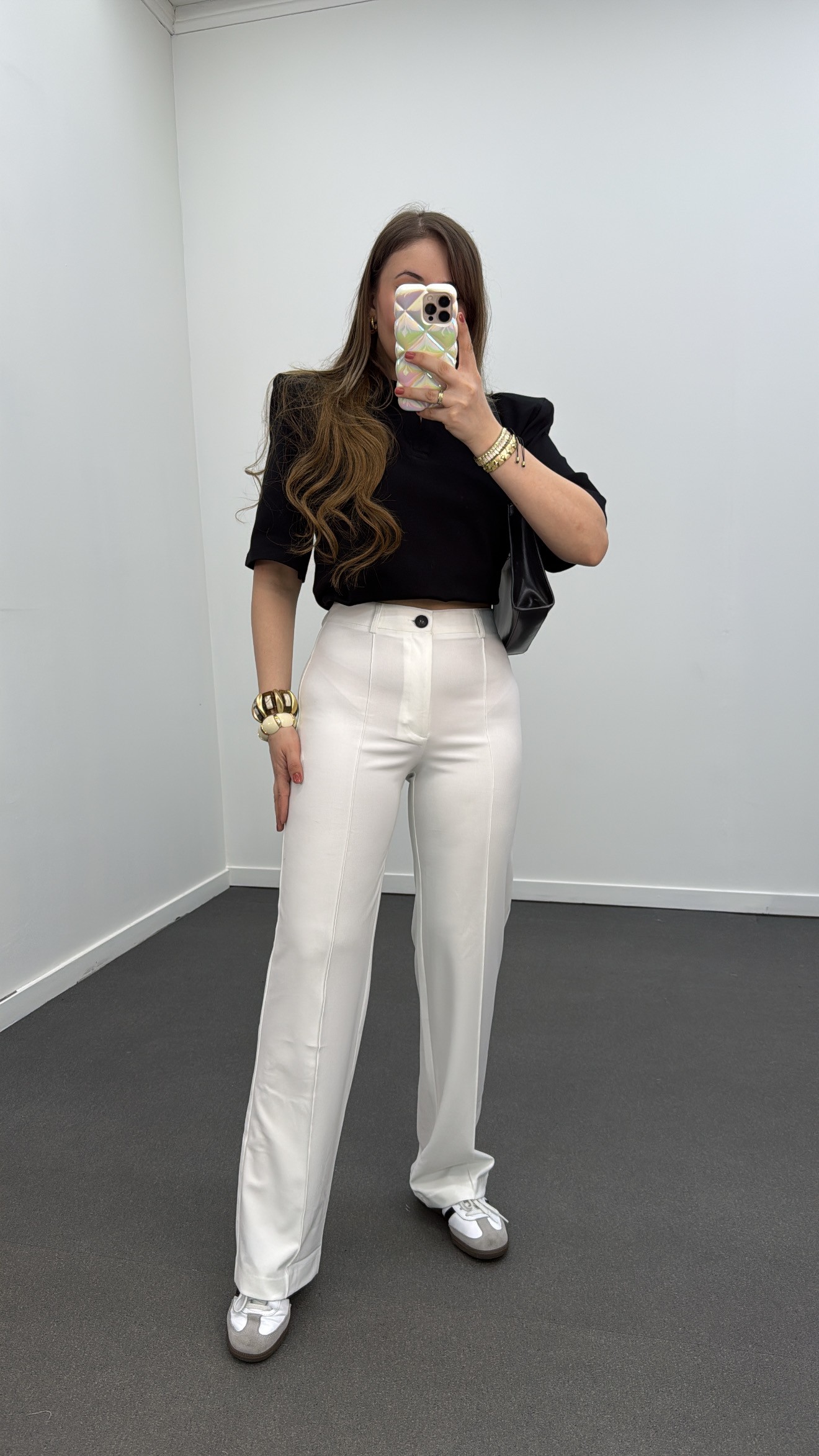 Pantaloni Meg din tesatura Palazzo cu coase albe