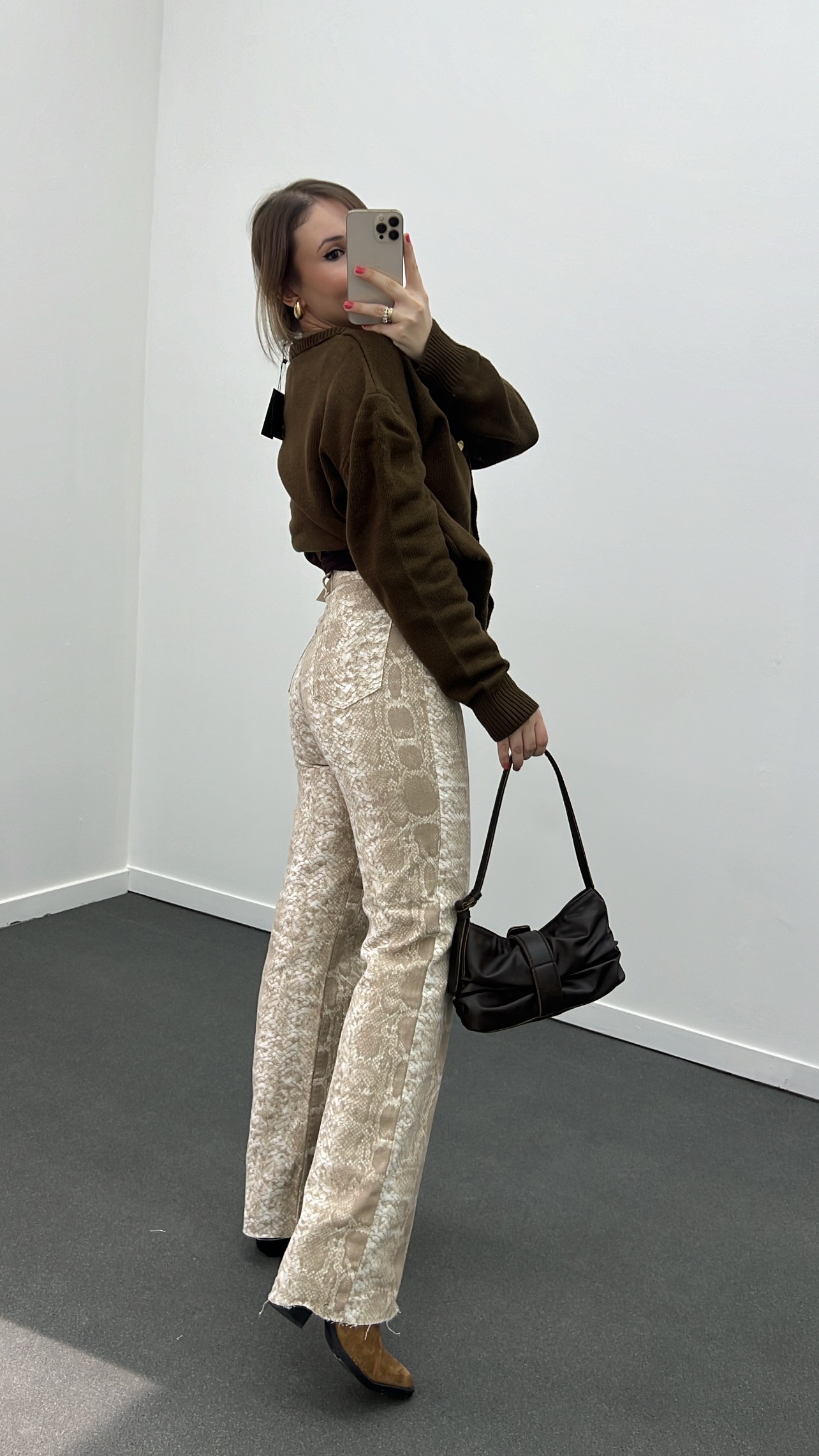 ZR Bej Yılan Desenli Wide Leg Jeans