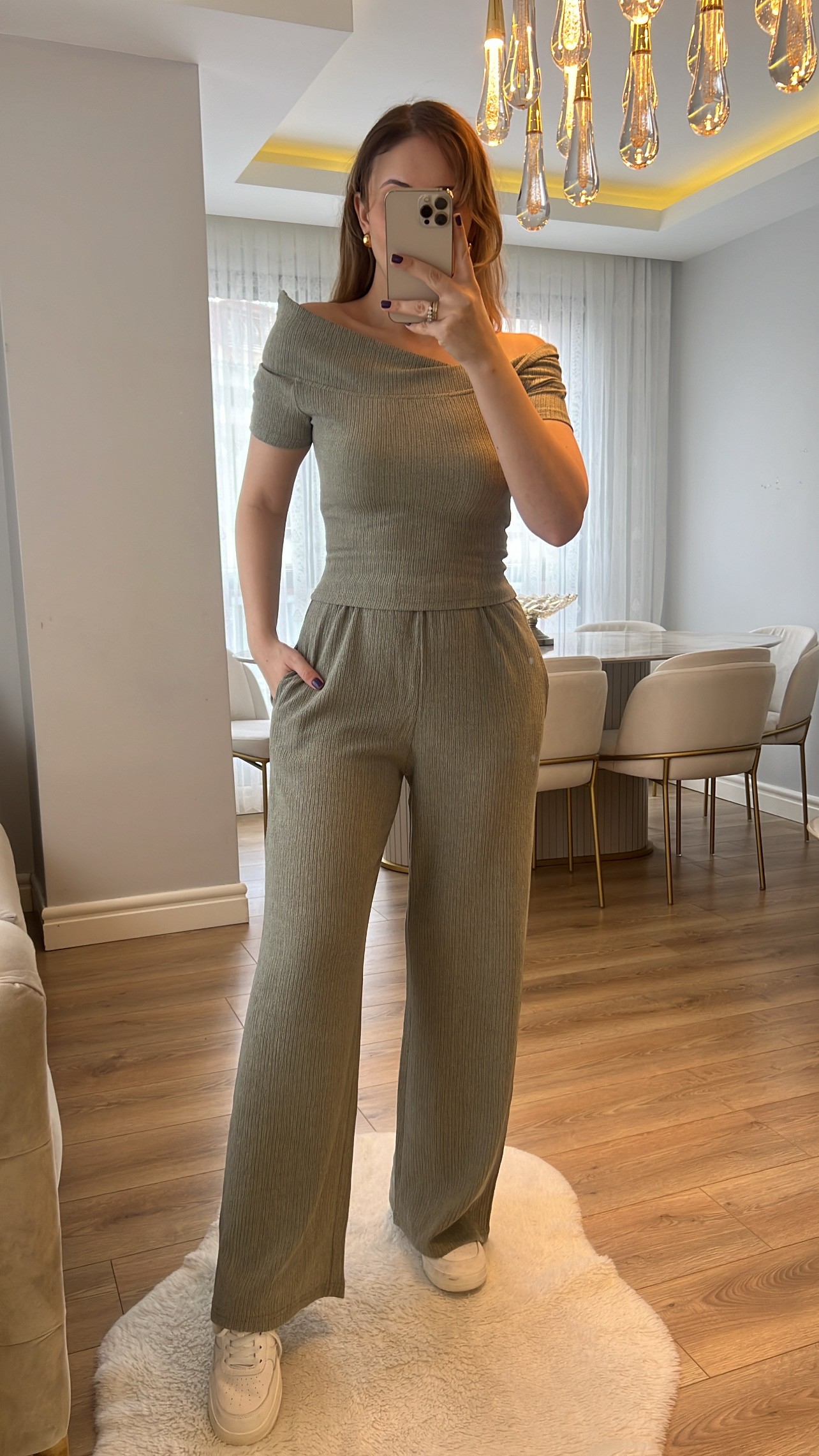 ZR Yeşil Madonna Müslin Kumaş Premium Bluz Pantolon Takımı