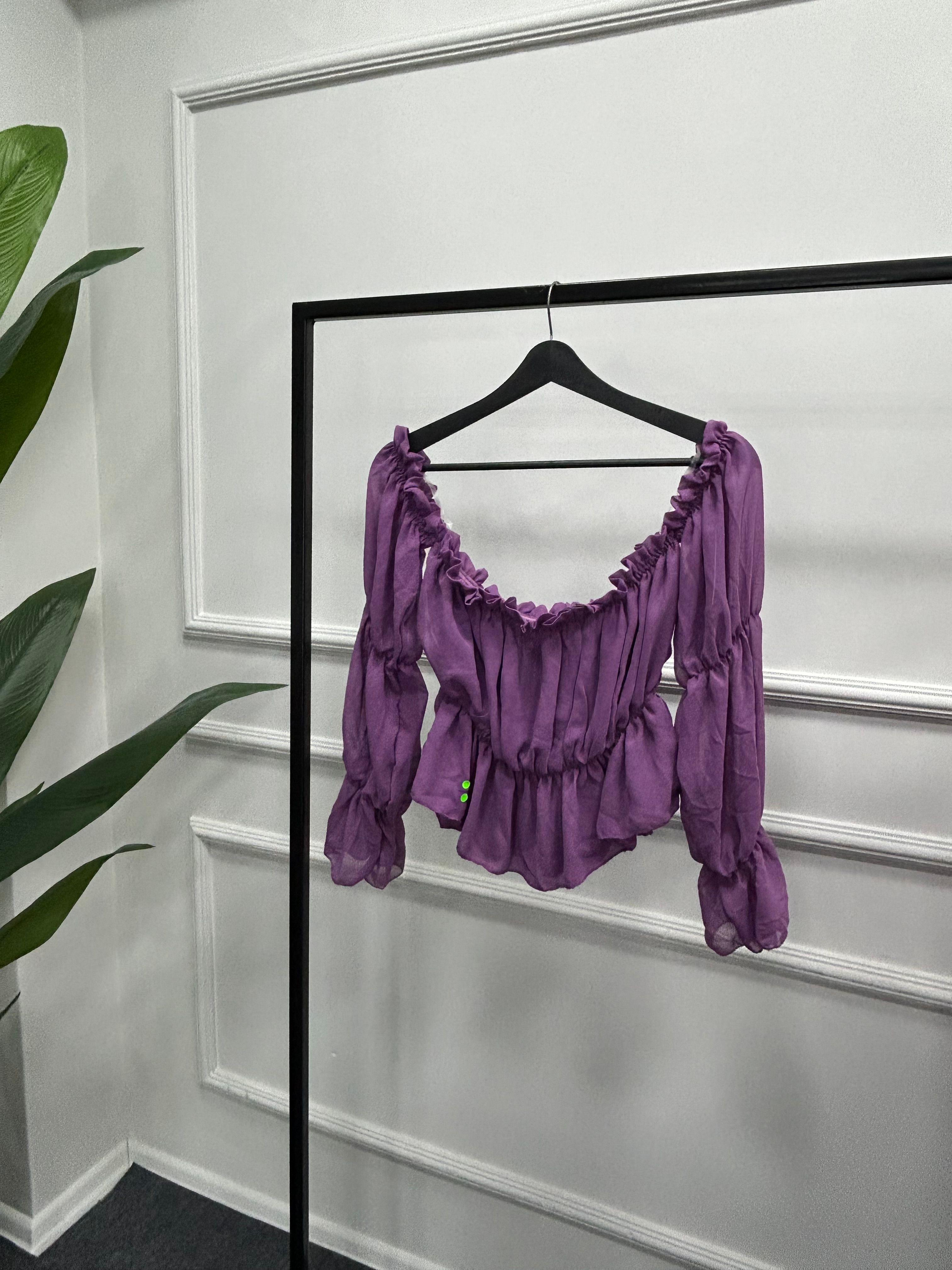 Şifon Büzgülü Lila Crop DFL