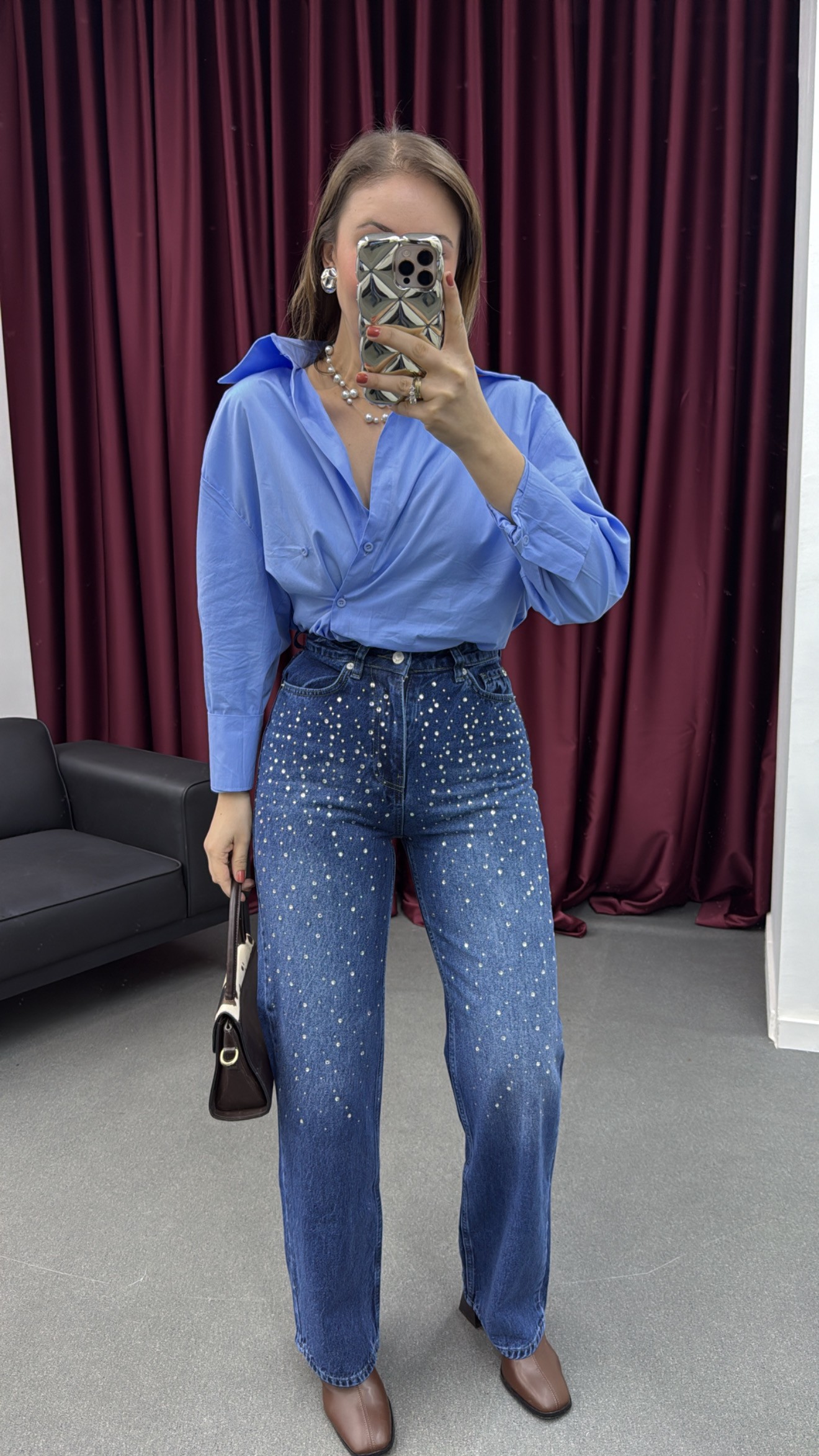 ZR Swarovski Koyu Taş Aksesuarlı Premium Jean