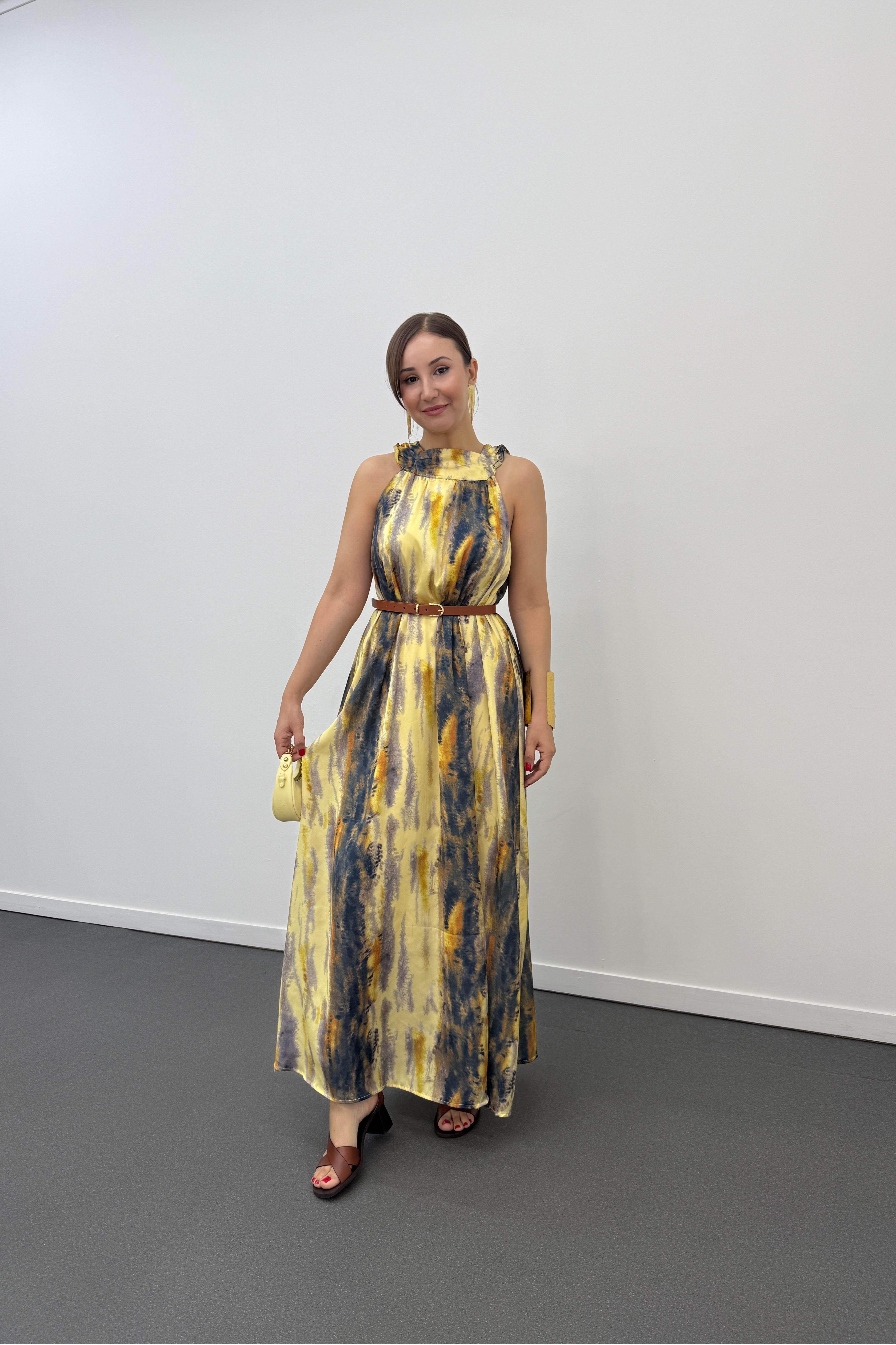 Lityum Sarı Saten Halter Yaka Maxi Elbise