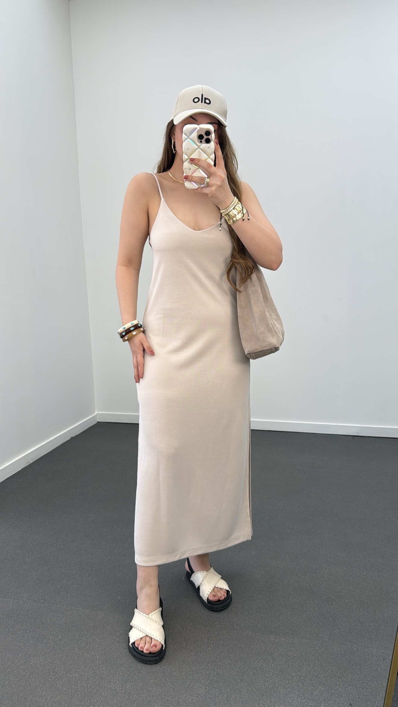 Joana Bej Askılı Modal Kumaş Midi Elbise