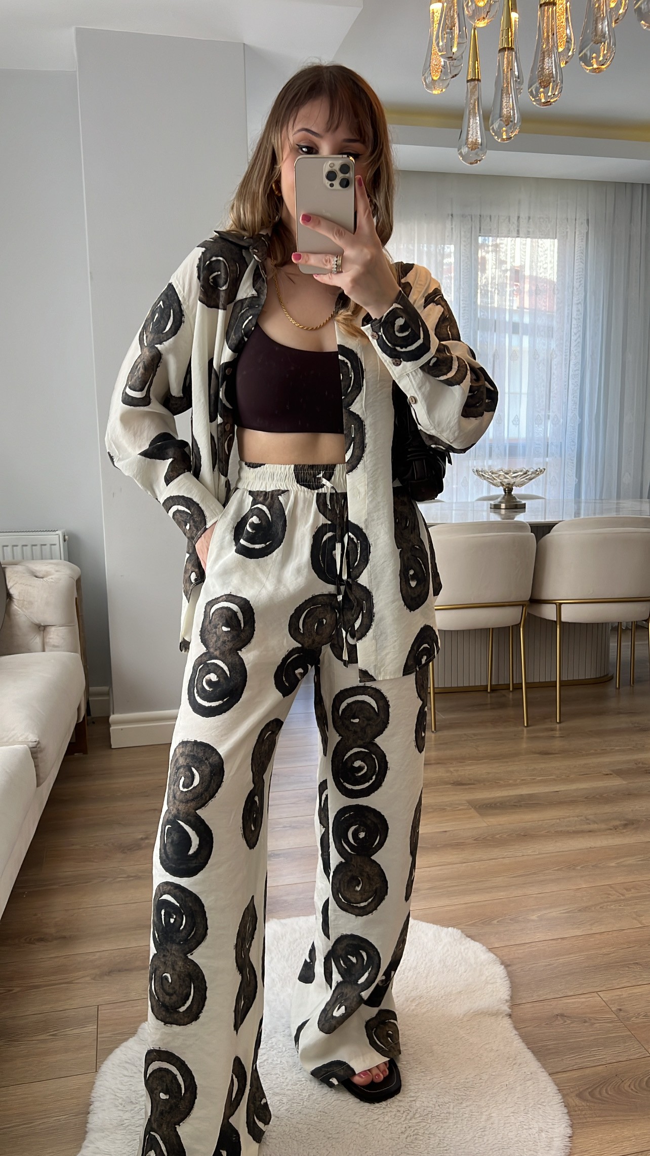 Ethnique Kahve Desenli Gömlek Pantolon Tensel Premium Takım