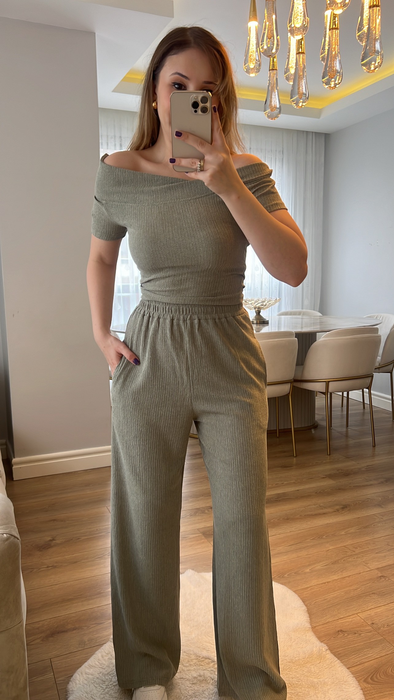 ZR Yeşil Madonna Müslin Kumaş Premium Bluz Pantolon Takımı