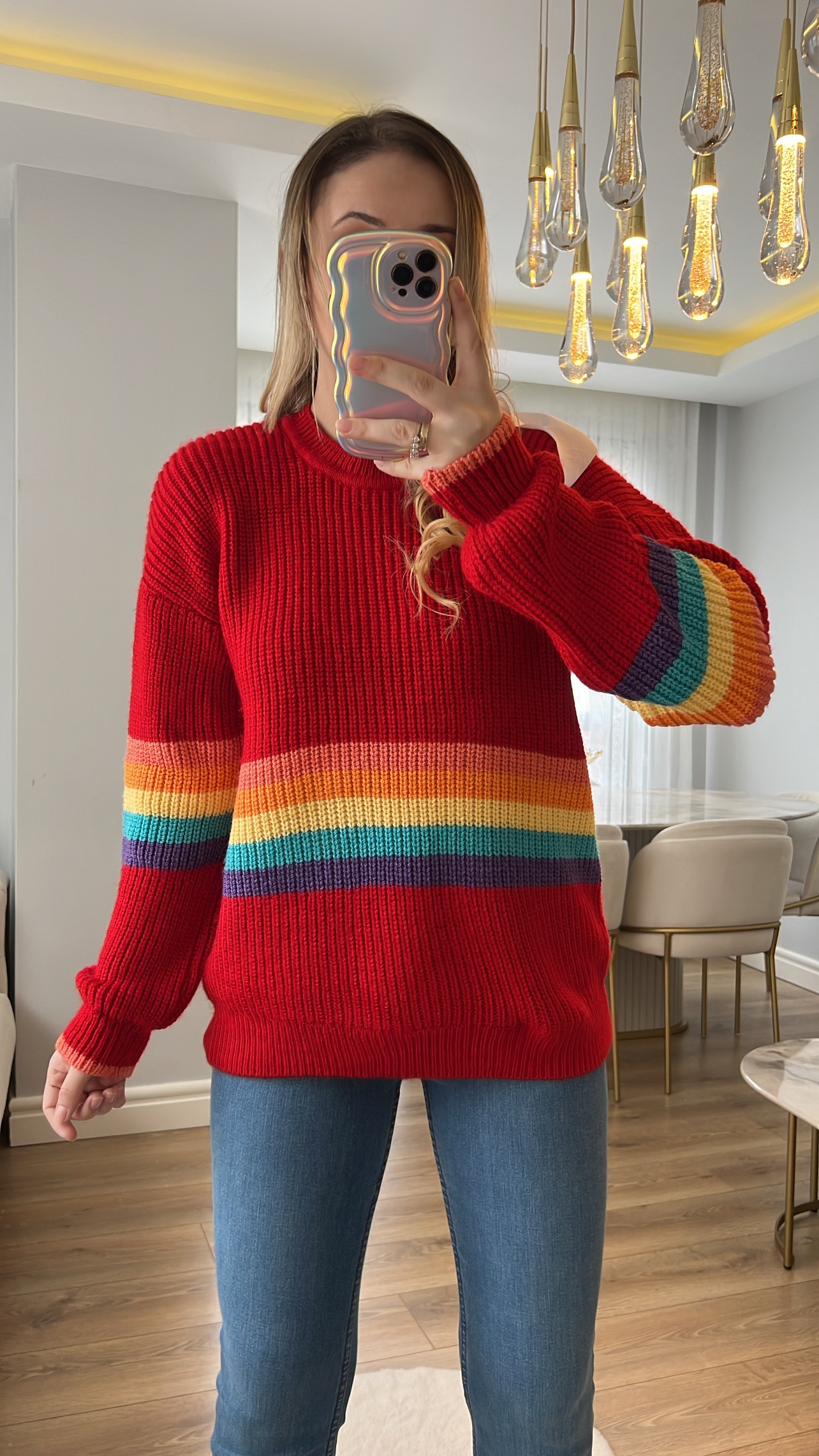 Kırmızı Rainbow Vintage Desenli Kazak