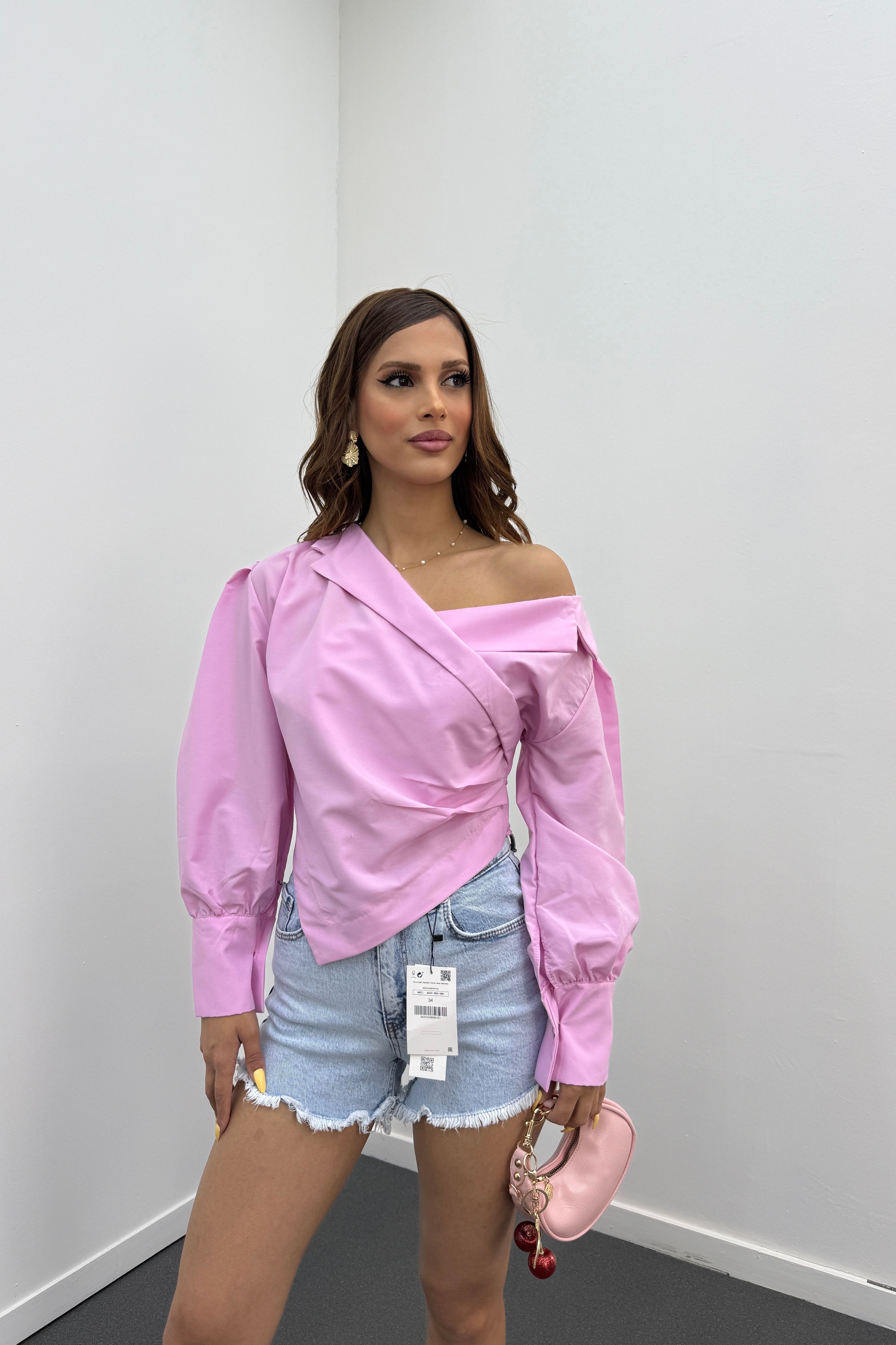 Suzy Pembe Kruvaze Tasarım Gömlek Bluz