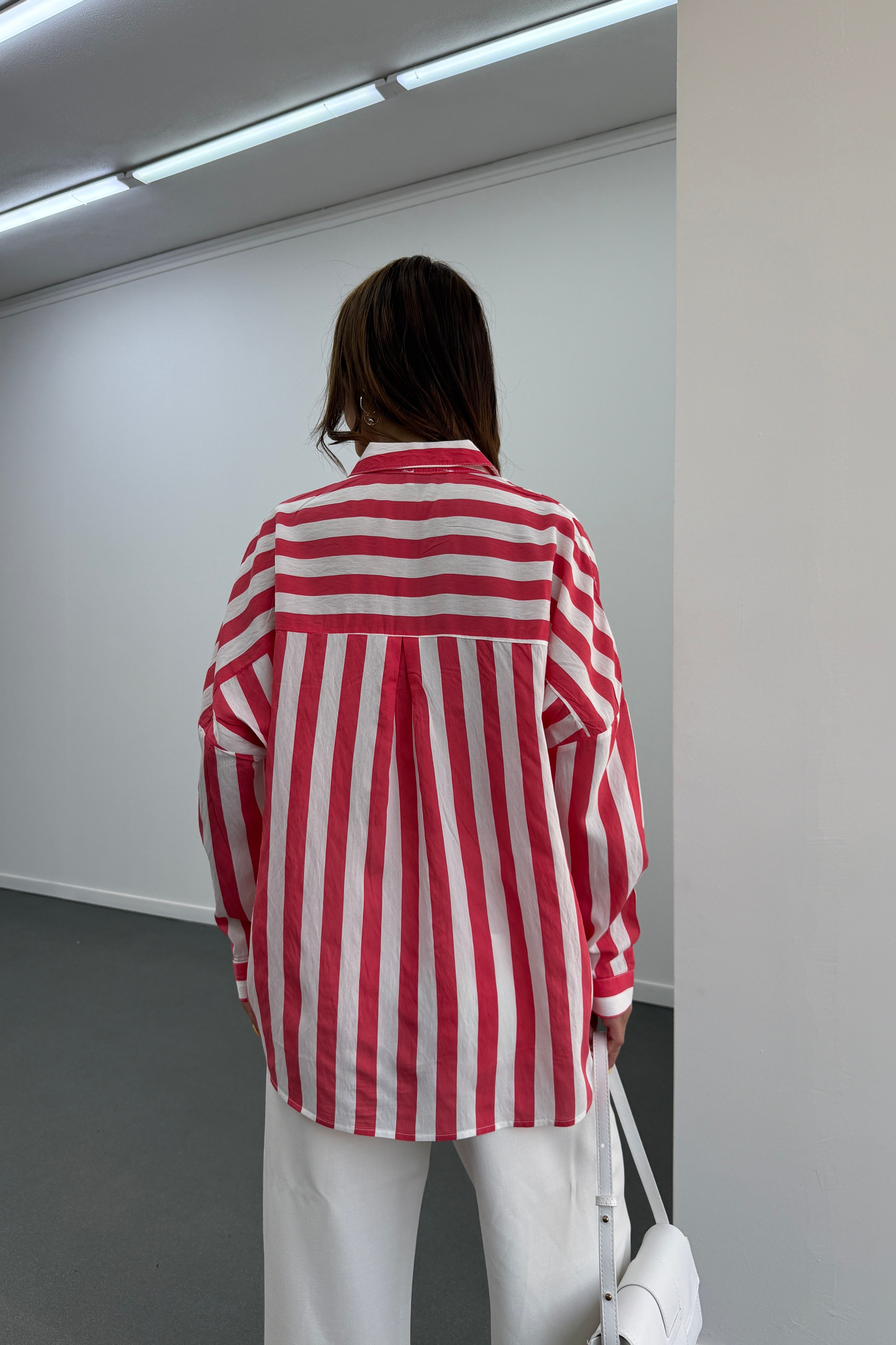 Farva Kırmızı Çizgili Oversize Gömlek