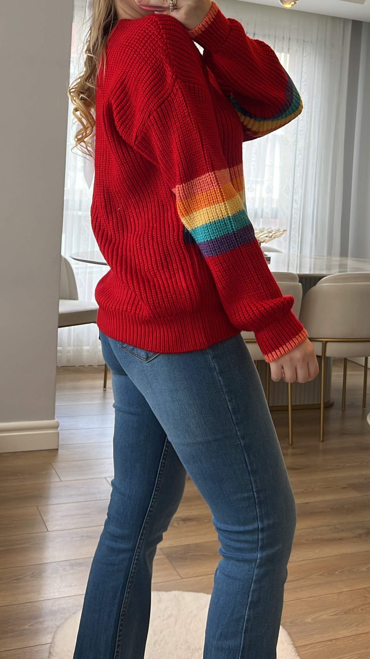 Kırmızı Rainbow Vintage Desenli Kazak